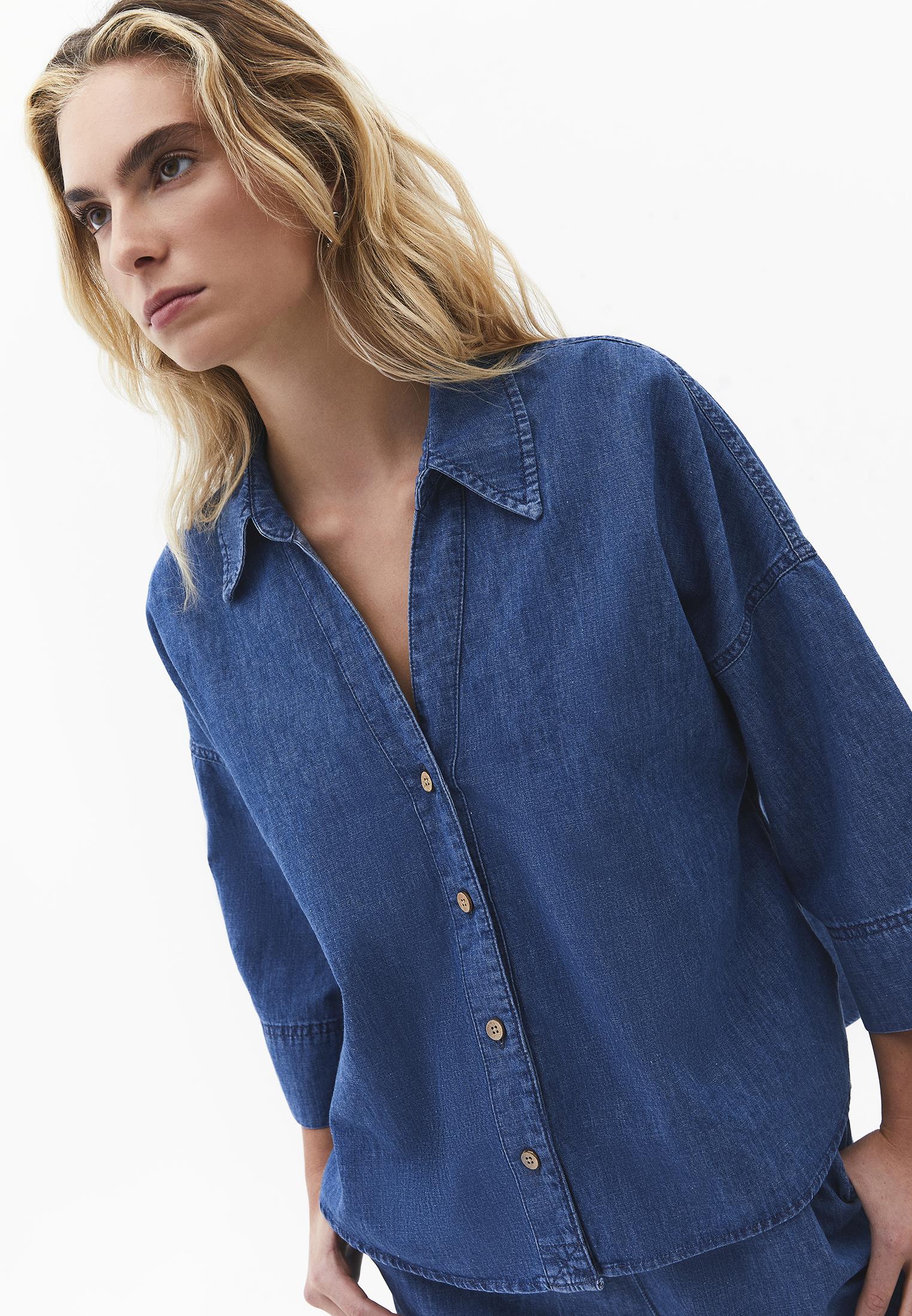 Oversize Shirt Collar Three Quarter Sleeve Denim Shirt - RODEO BLUE DENIM