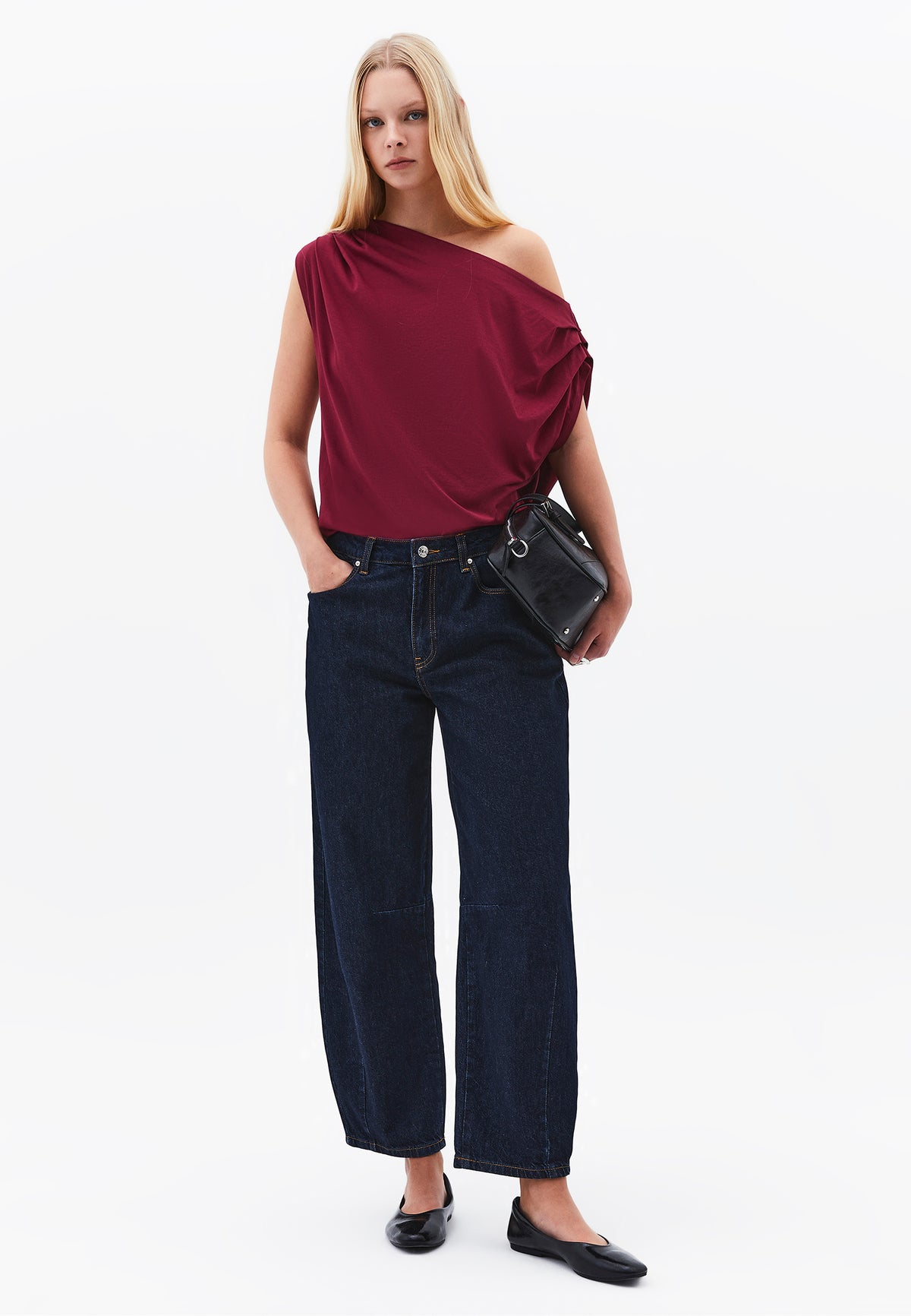 Pleated Asymmetric T-Shirt - Red