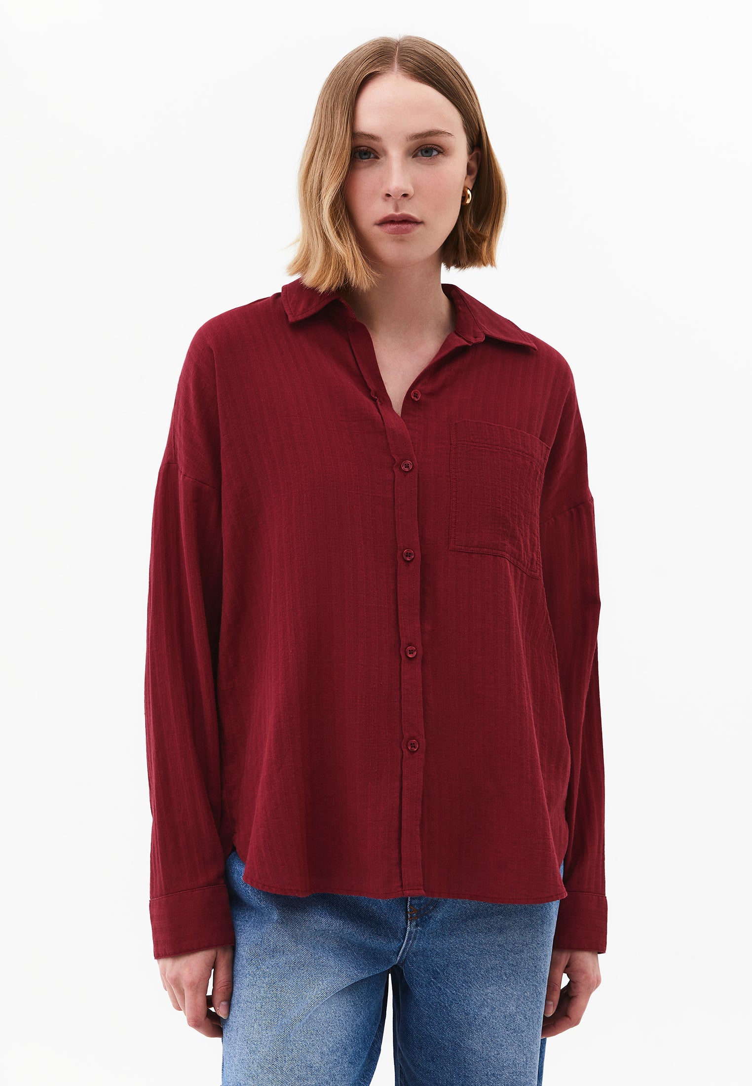 Oversize Long Sleeve Shirt With Pocket Detail - RUMBA RED