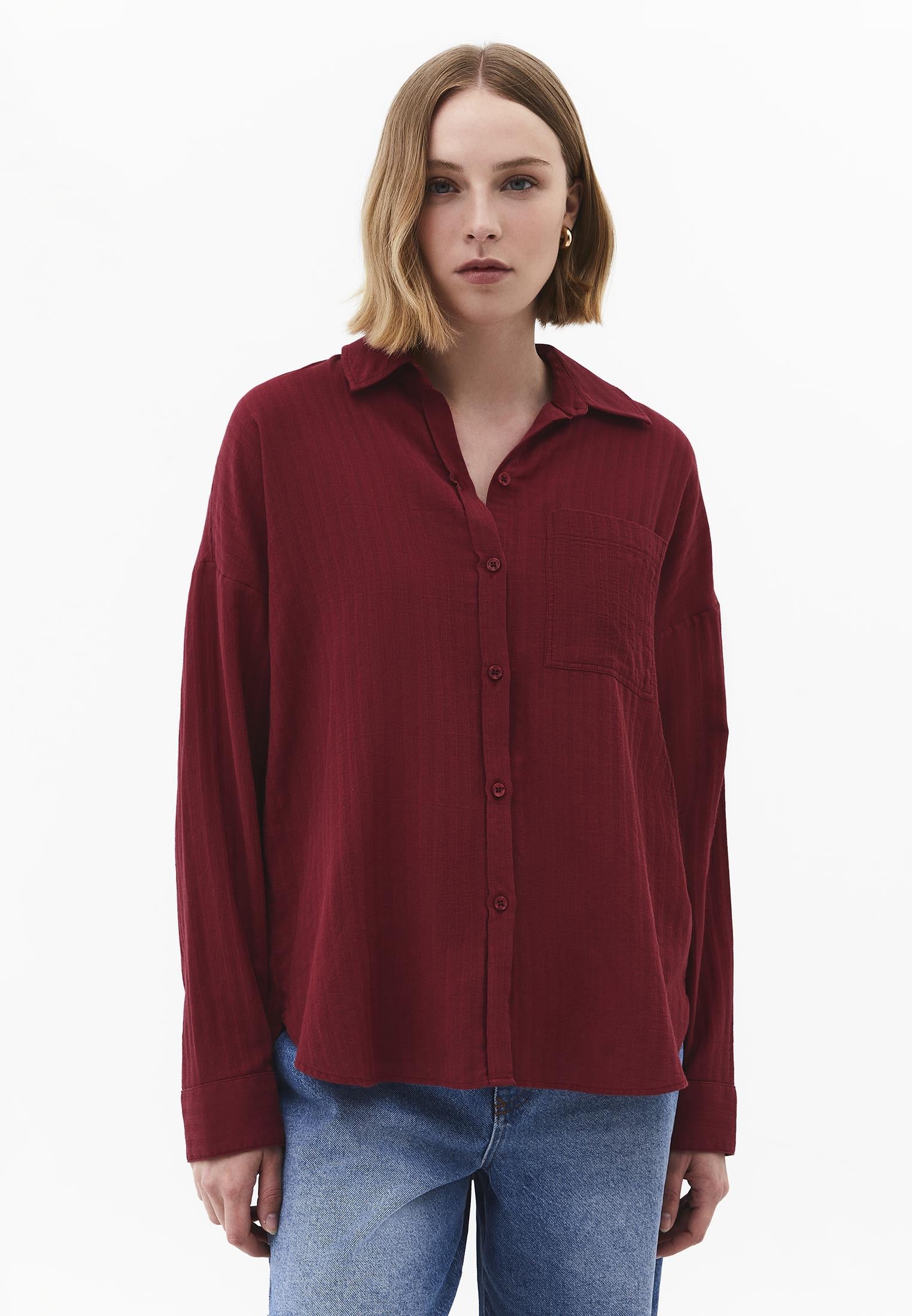 Oversize Long Sleeve Shirt With Pocket Detail - RUMBA RED