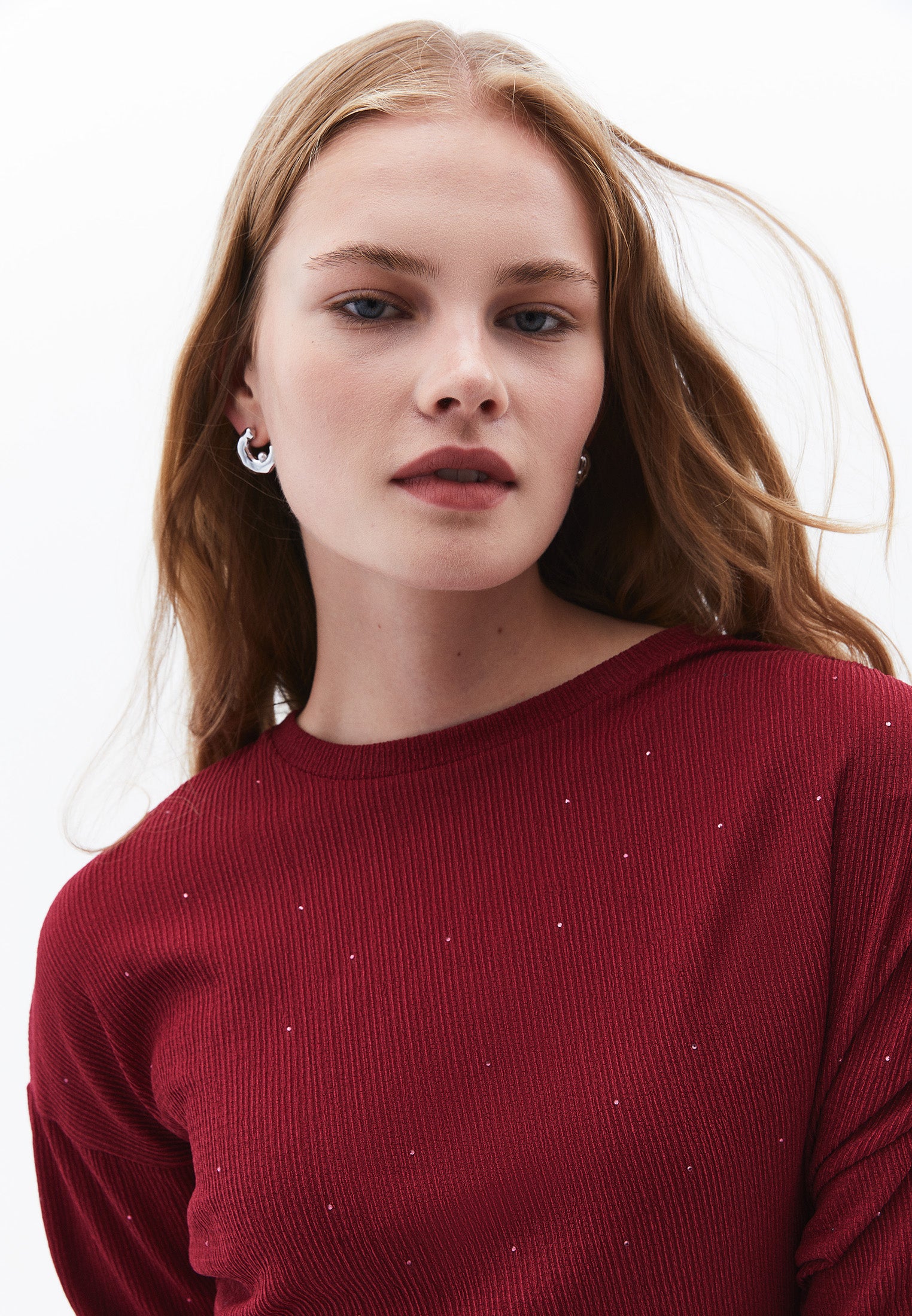 Long Dress With Ruched Crew Neck - RUMBA RED