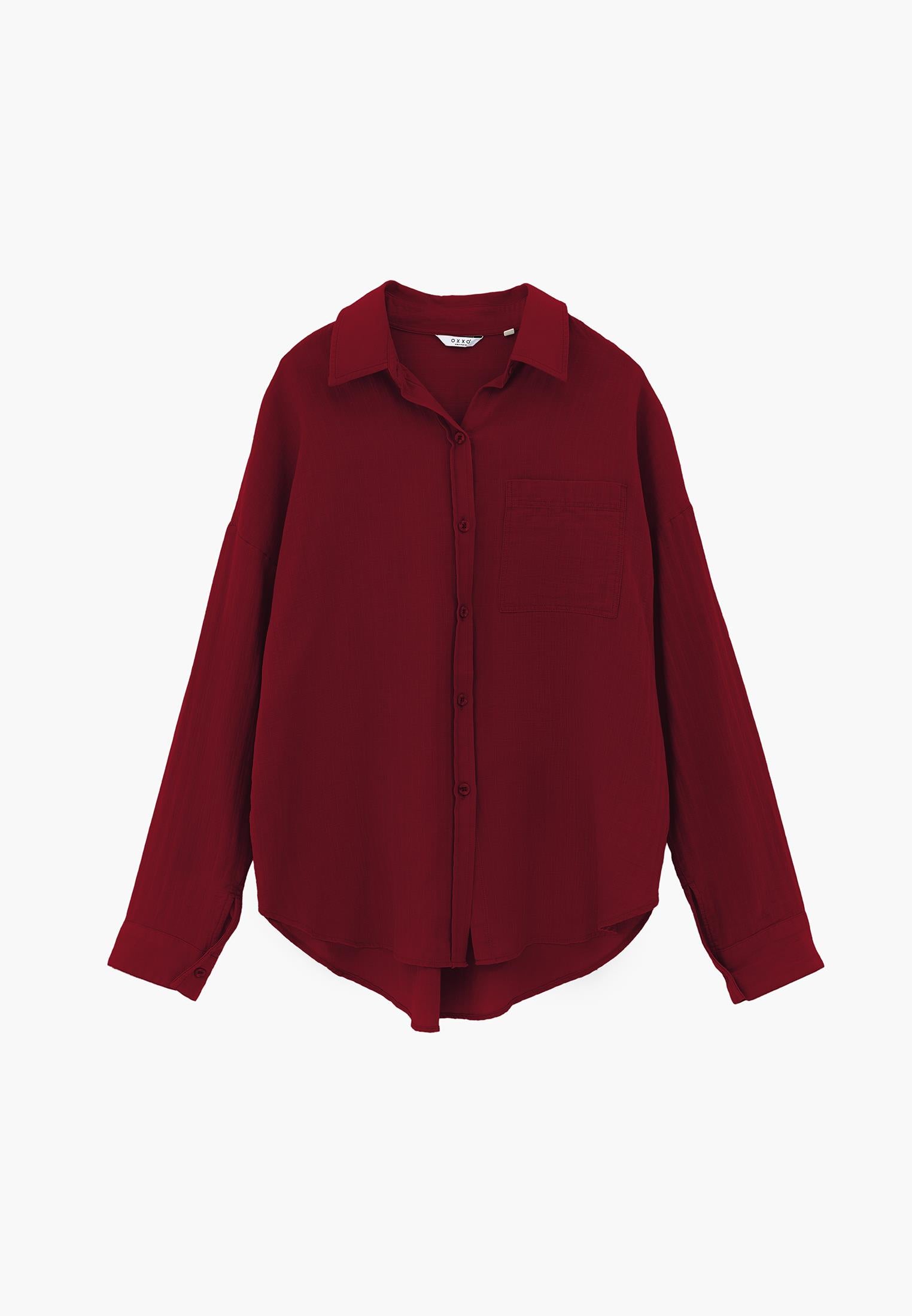 Oversize Long Sleeve Shirt With Pocket Detail - RUMBA RED