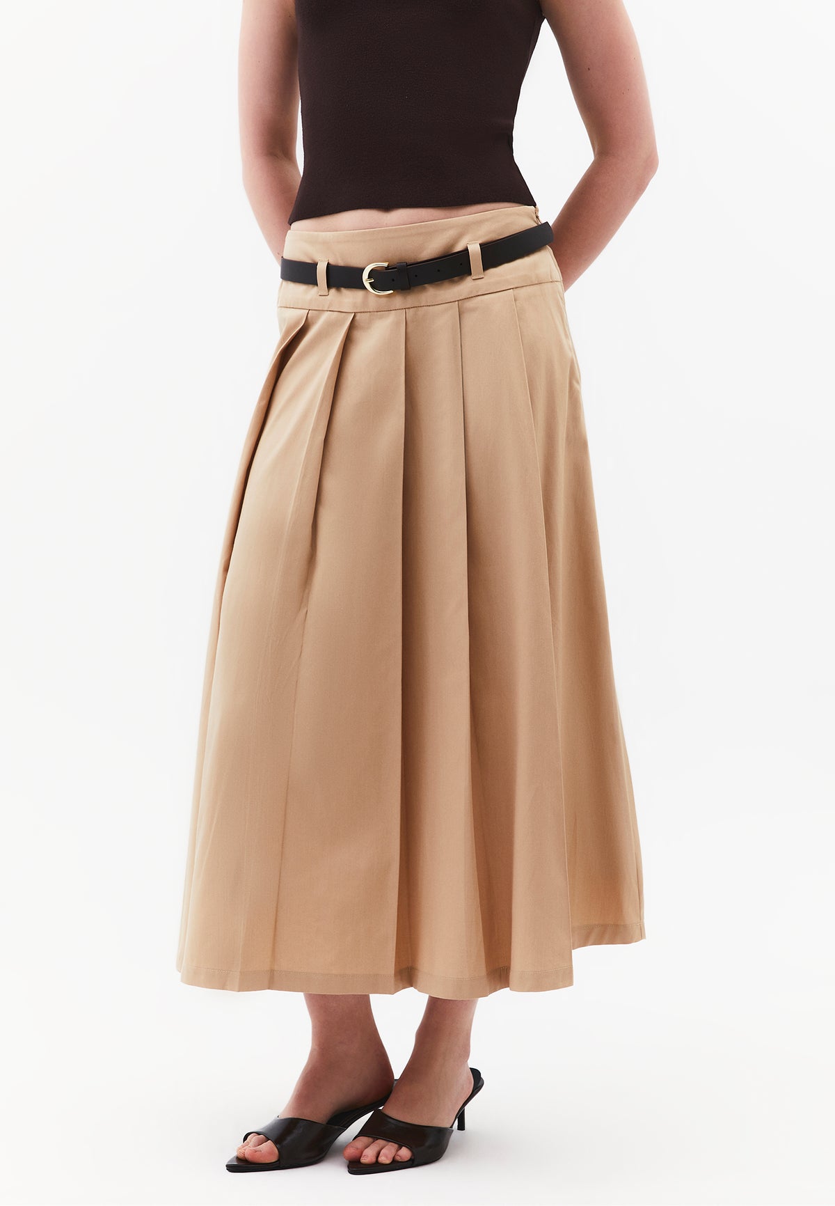 Long Pleated A-Line Skirt With Belt Detail - SAFARI