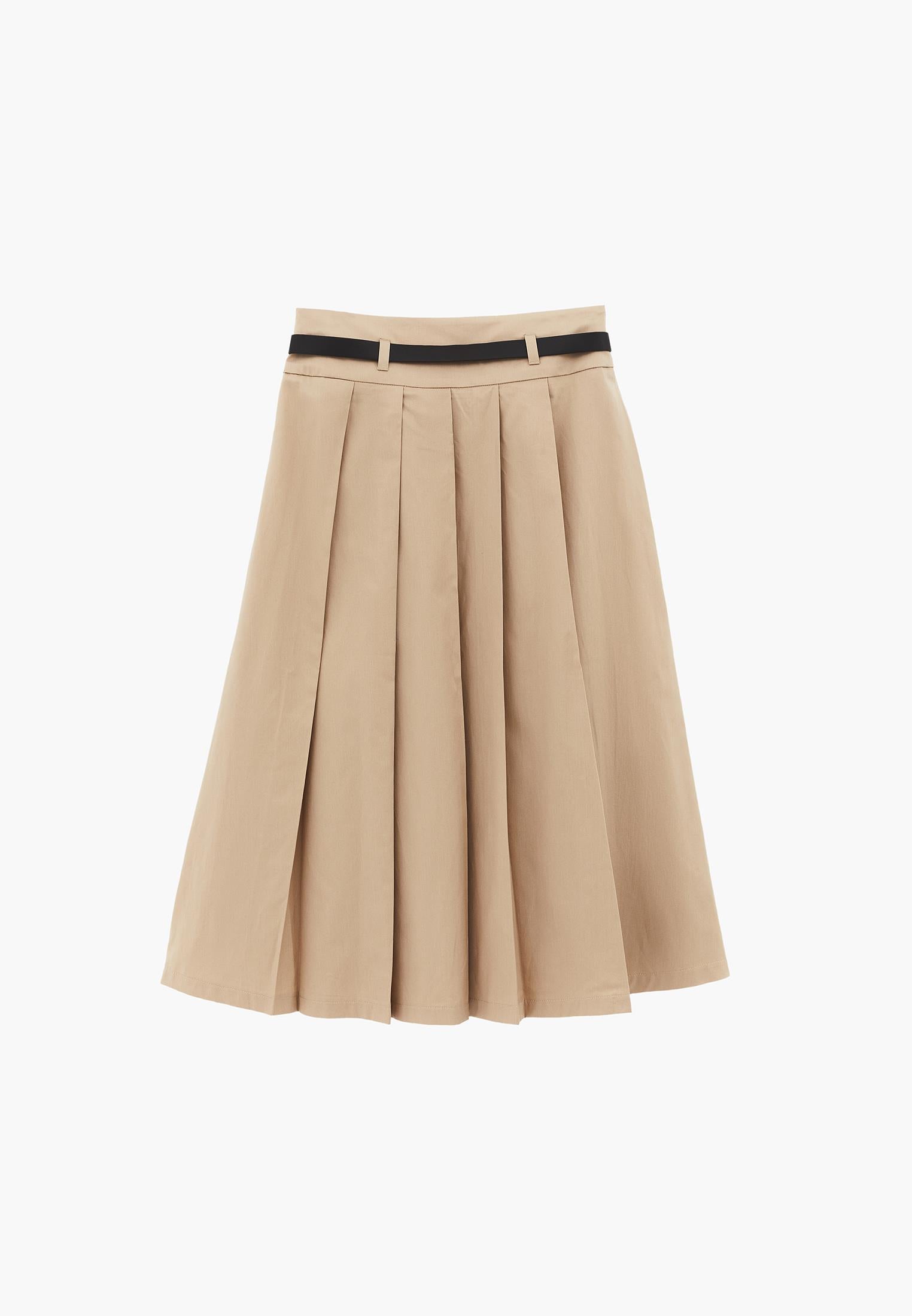 Long Pleated A-Line Skirt With Belt Detail - SAFARI