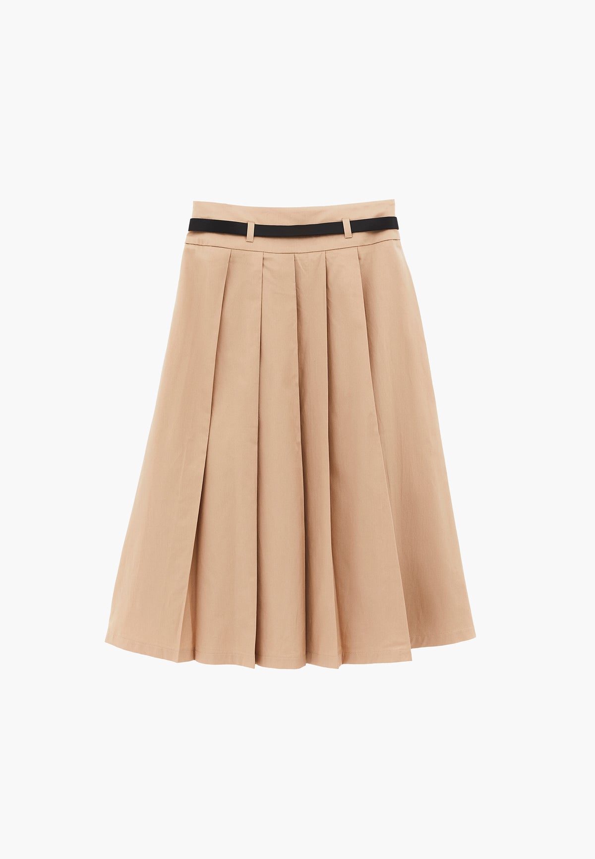 Long Pleated A-Line Skirt With Belt Detail - SAFARI
