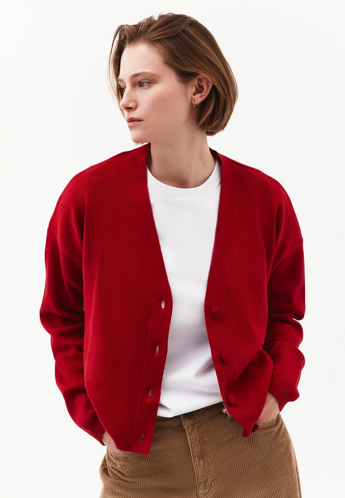 V-Neck Long Sleeve Cardigan - Red