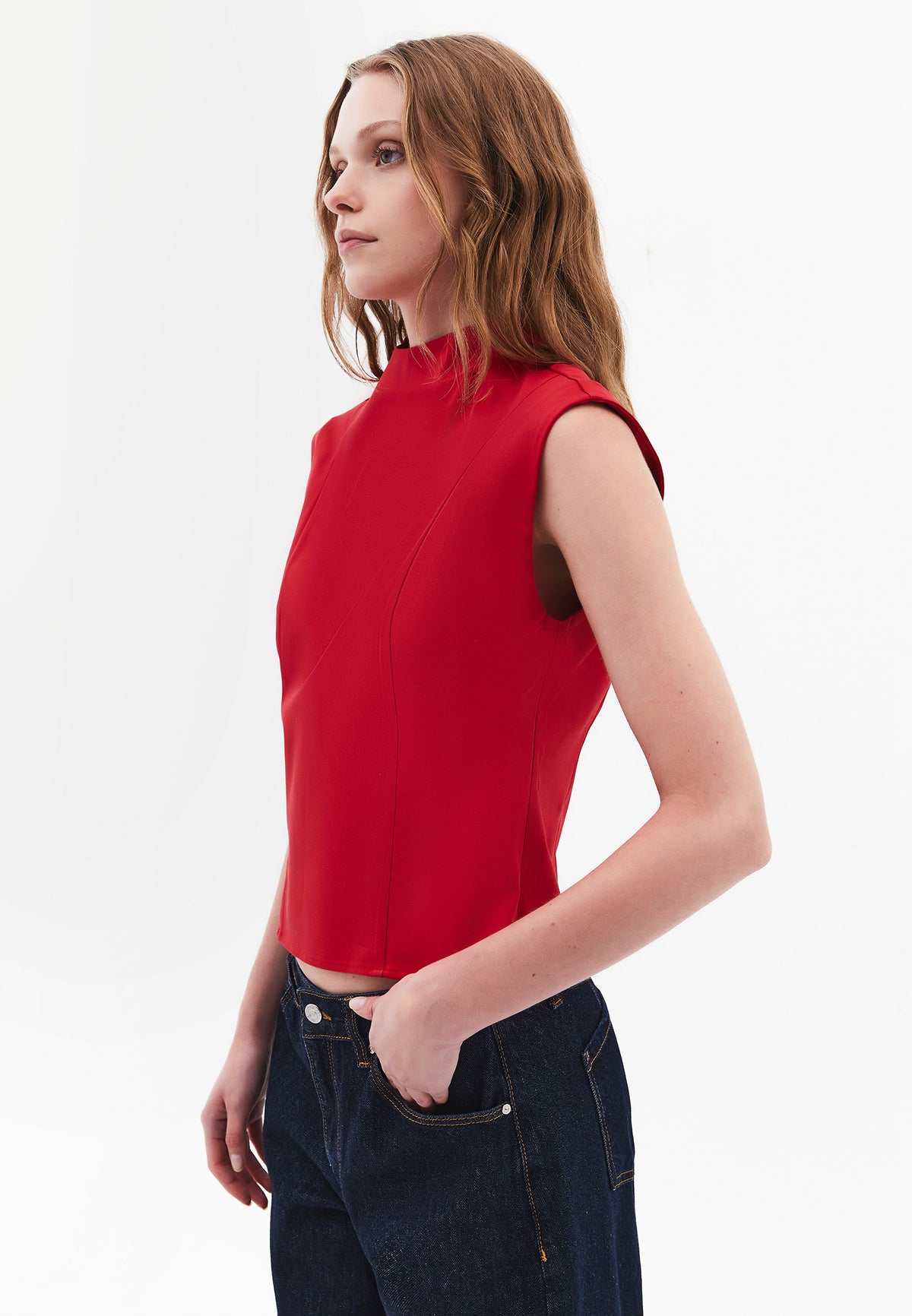 High Neck Sleeveless Buttoned Blouse - SAMBA