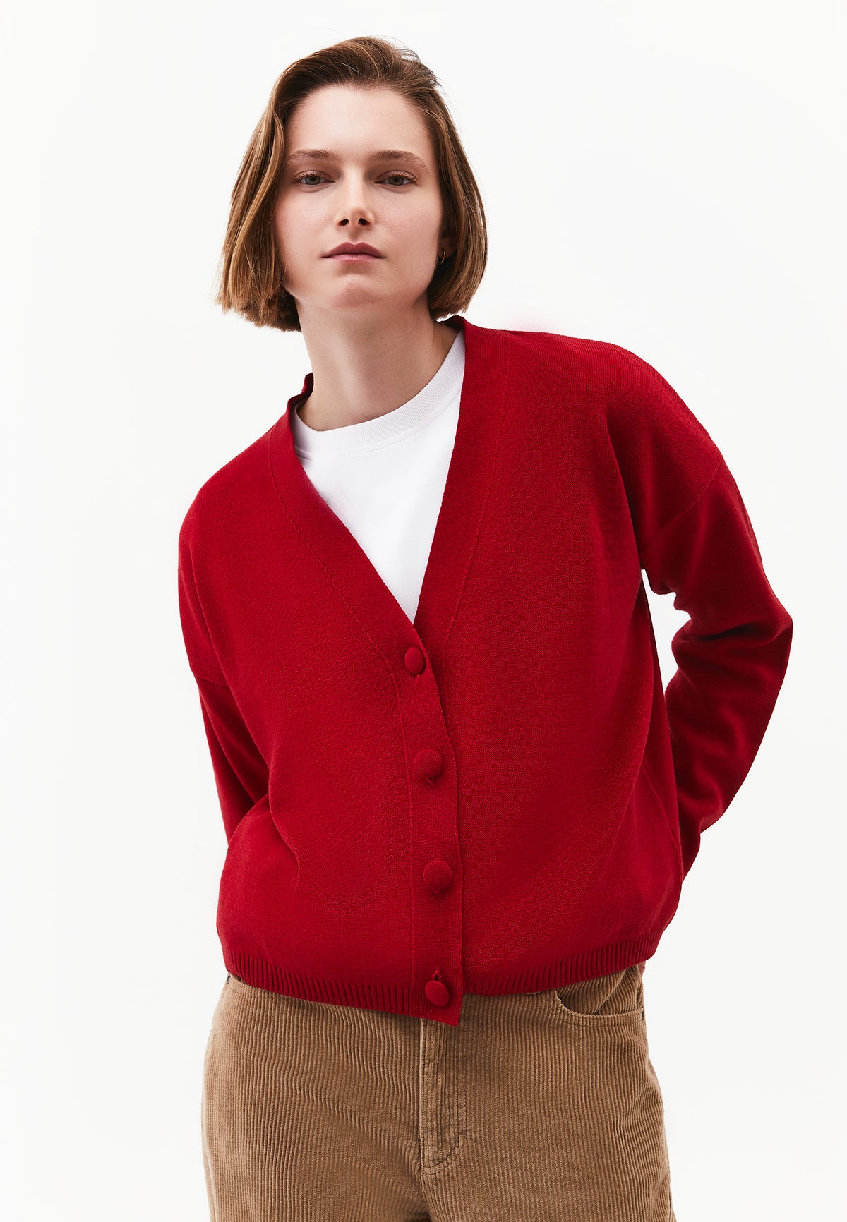 V-Neck Long Sleeve Cardigan - Red