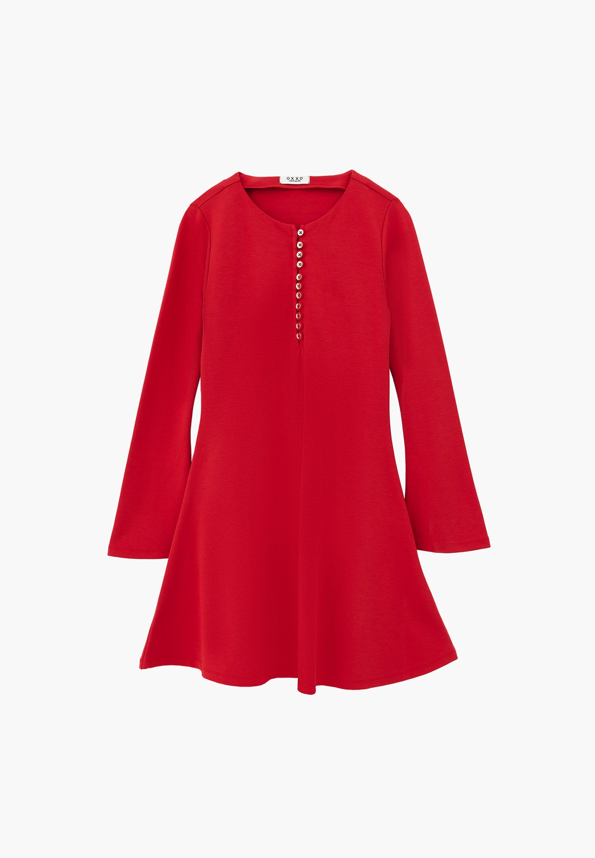 Flared Dress with Stand Collar and Long Sleeves - Red