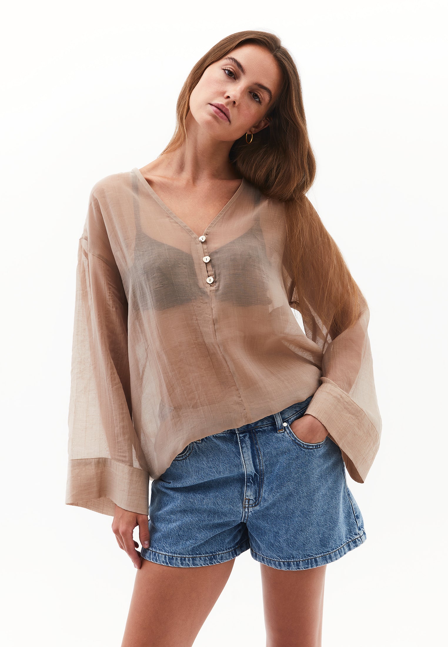 Button detailed tunic blouse - SAVANNAH TAN