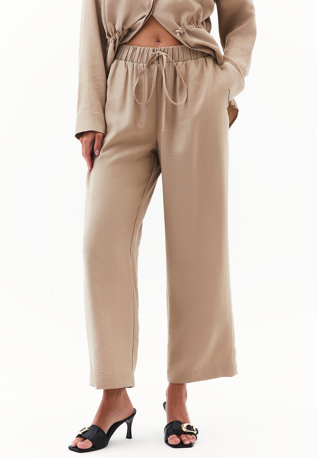 High Waist Elastic Pants - Beige