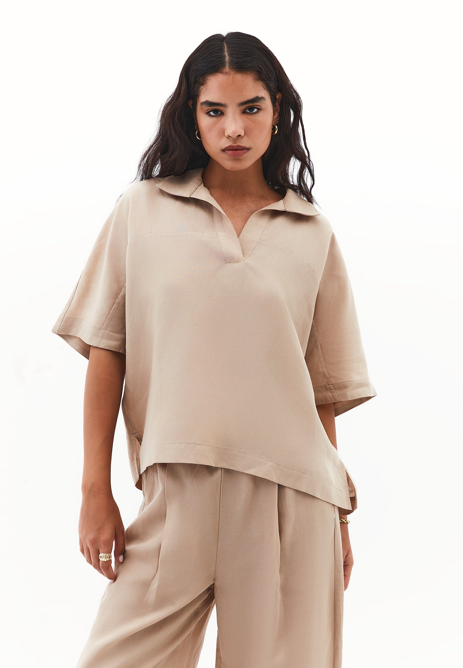 Polo neck oversize blouse - SAVANNAH TAN