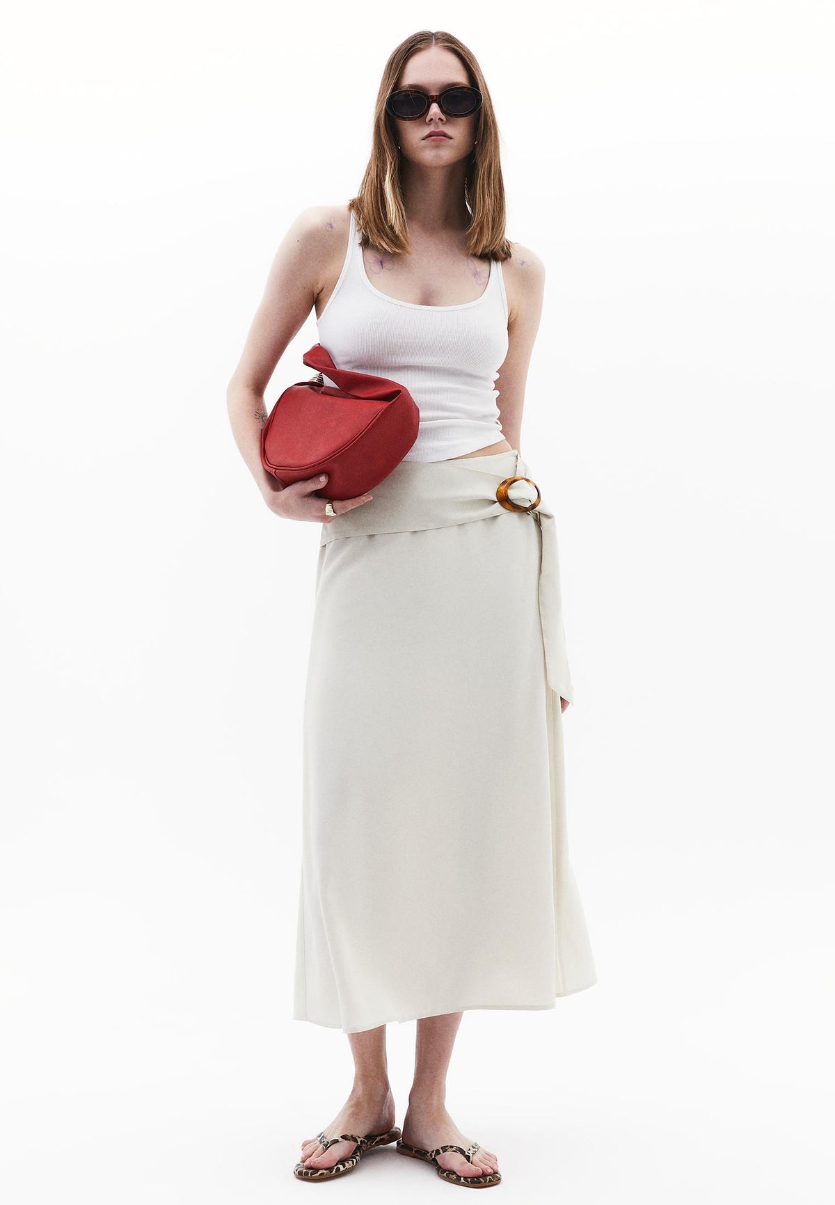 Buckle Detail High Waist Midi Skirt - Cream