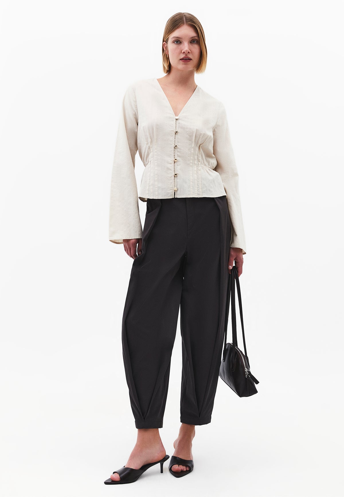 Slim Fit Blouse With Mandarin Collar And Long Sleeves - Cream