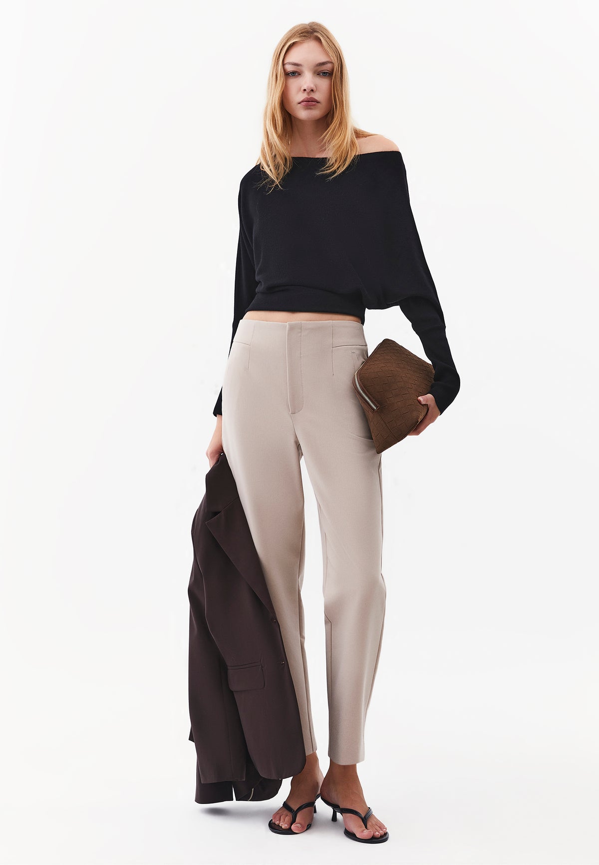 Ultra High Waist Carrot Cut Pants with Pocket Detail - Beige