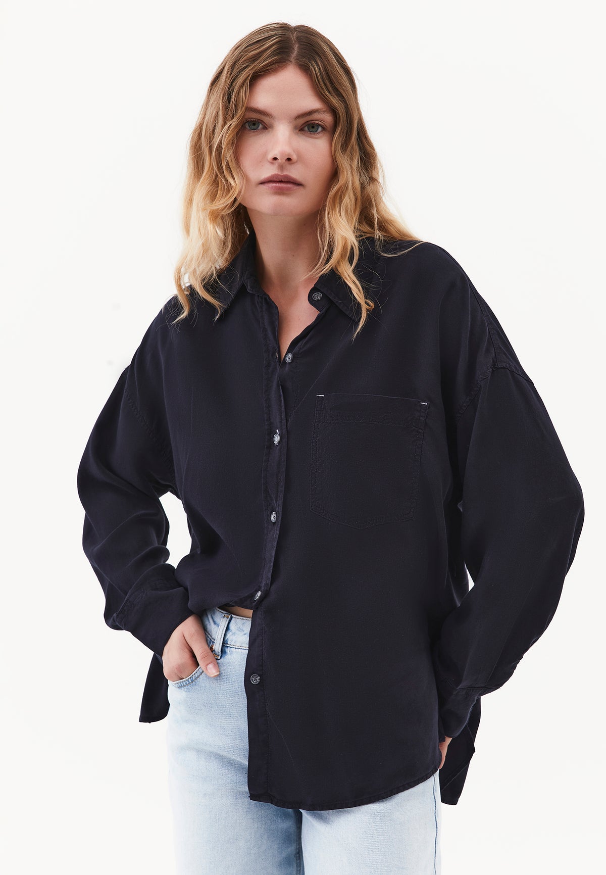 Long Sleeve Oversize Shirt Collar Woven Shirt - SKY CAPTAIN