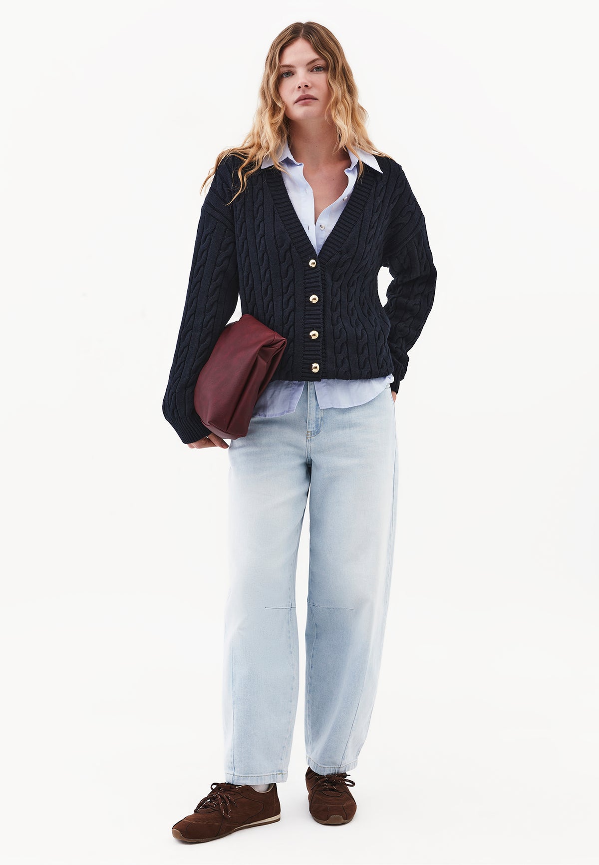 Oversized Long V Neck Cardigan - Navy Blue