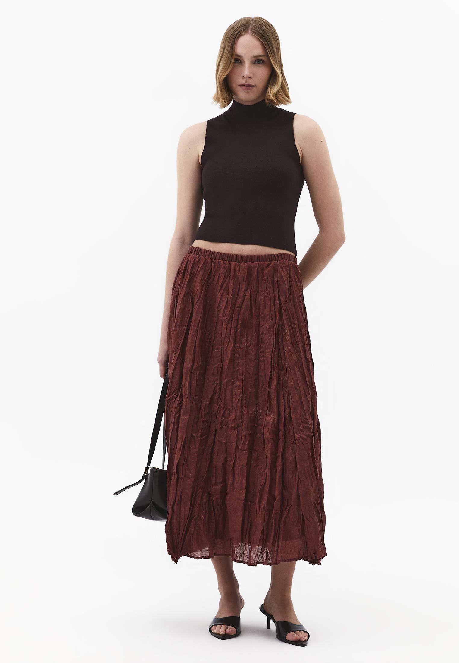 Shiny Flared Long Skirt - SPICED APPLE