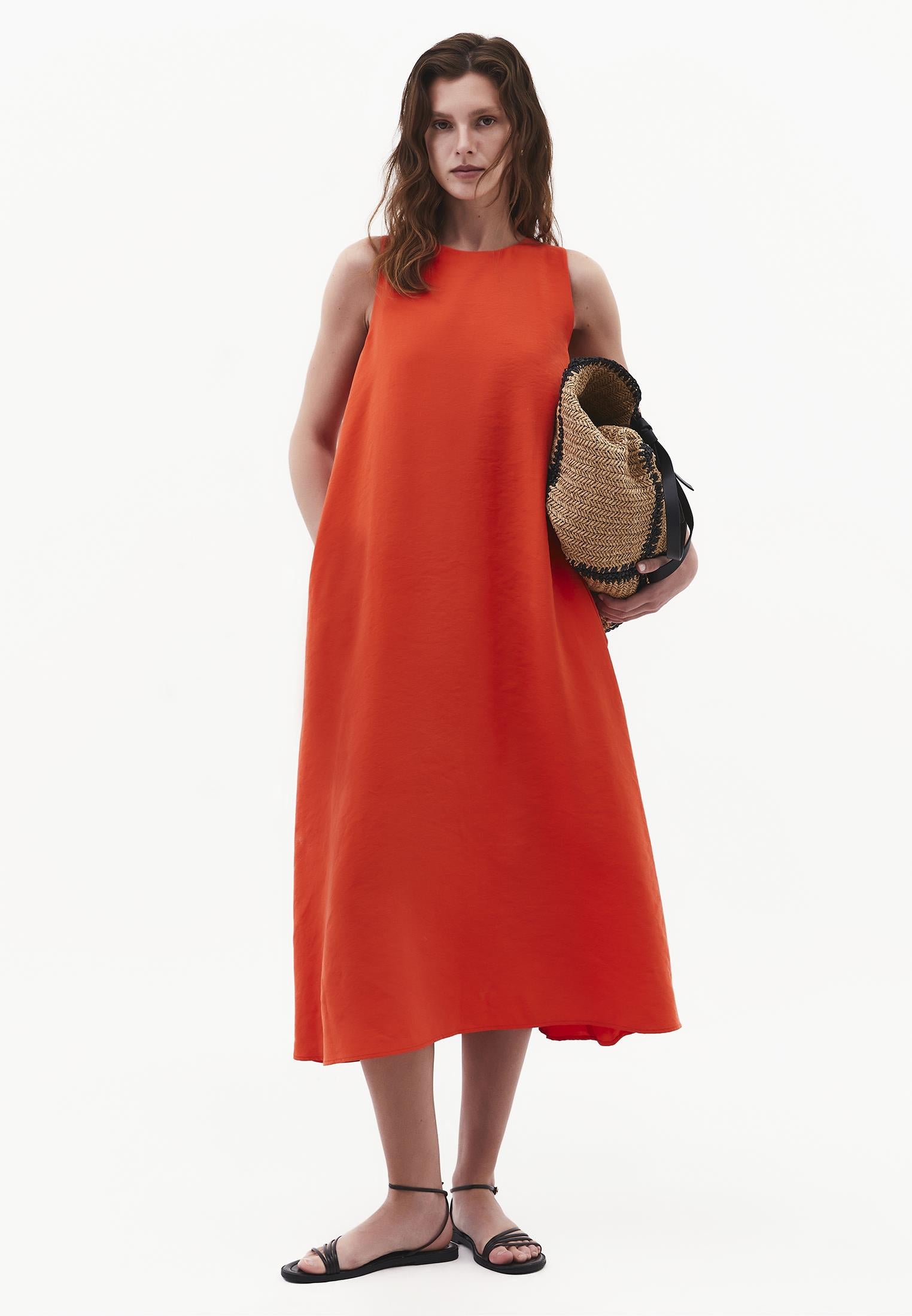 Boat Neck Sleeveless Midi Dress With Pocket Details - SPICY ORANGE
