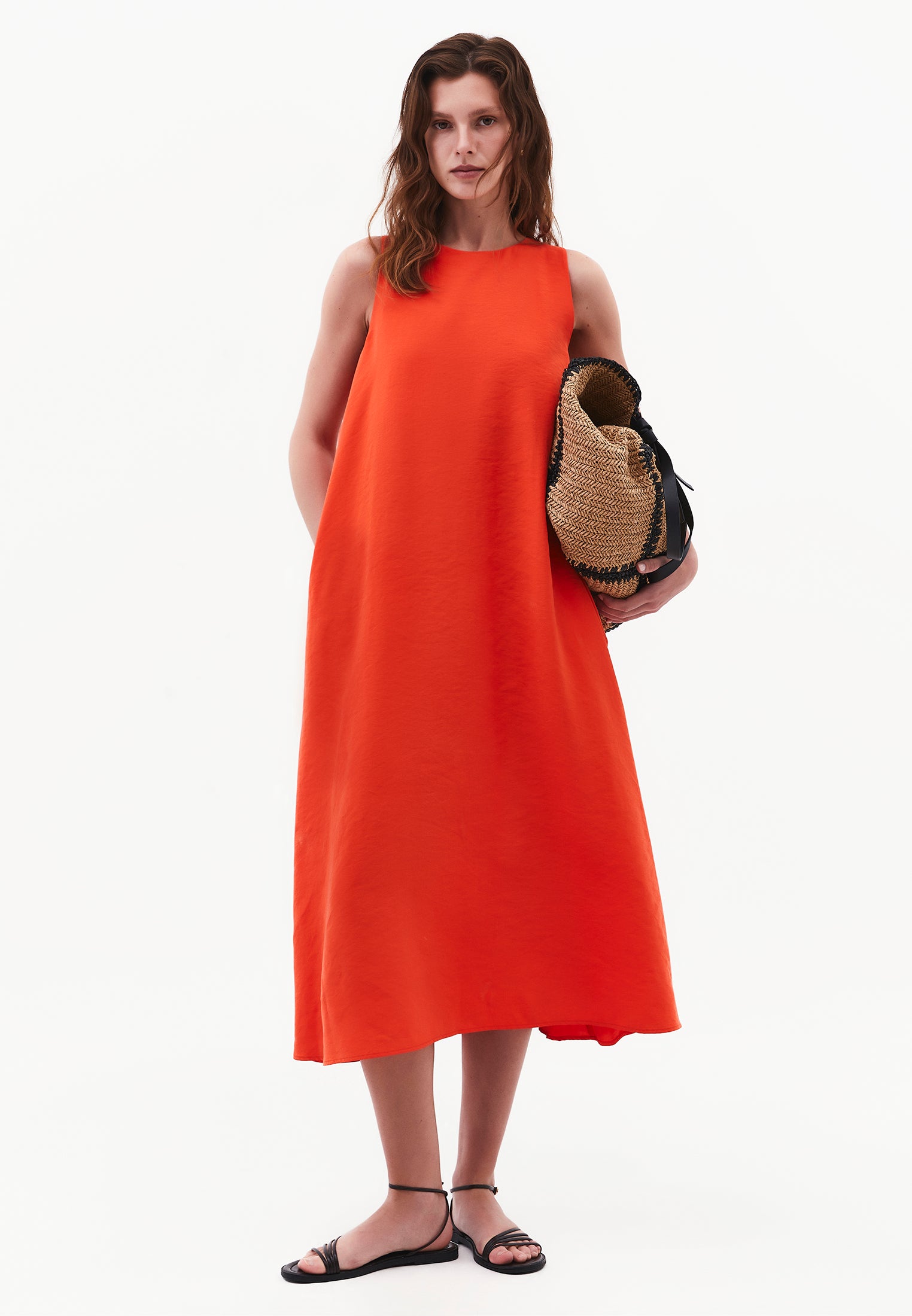 Boat Neck Sleeveless Midi Dress With Pocket Details - SPICY ORANGE