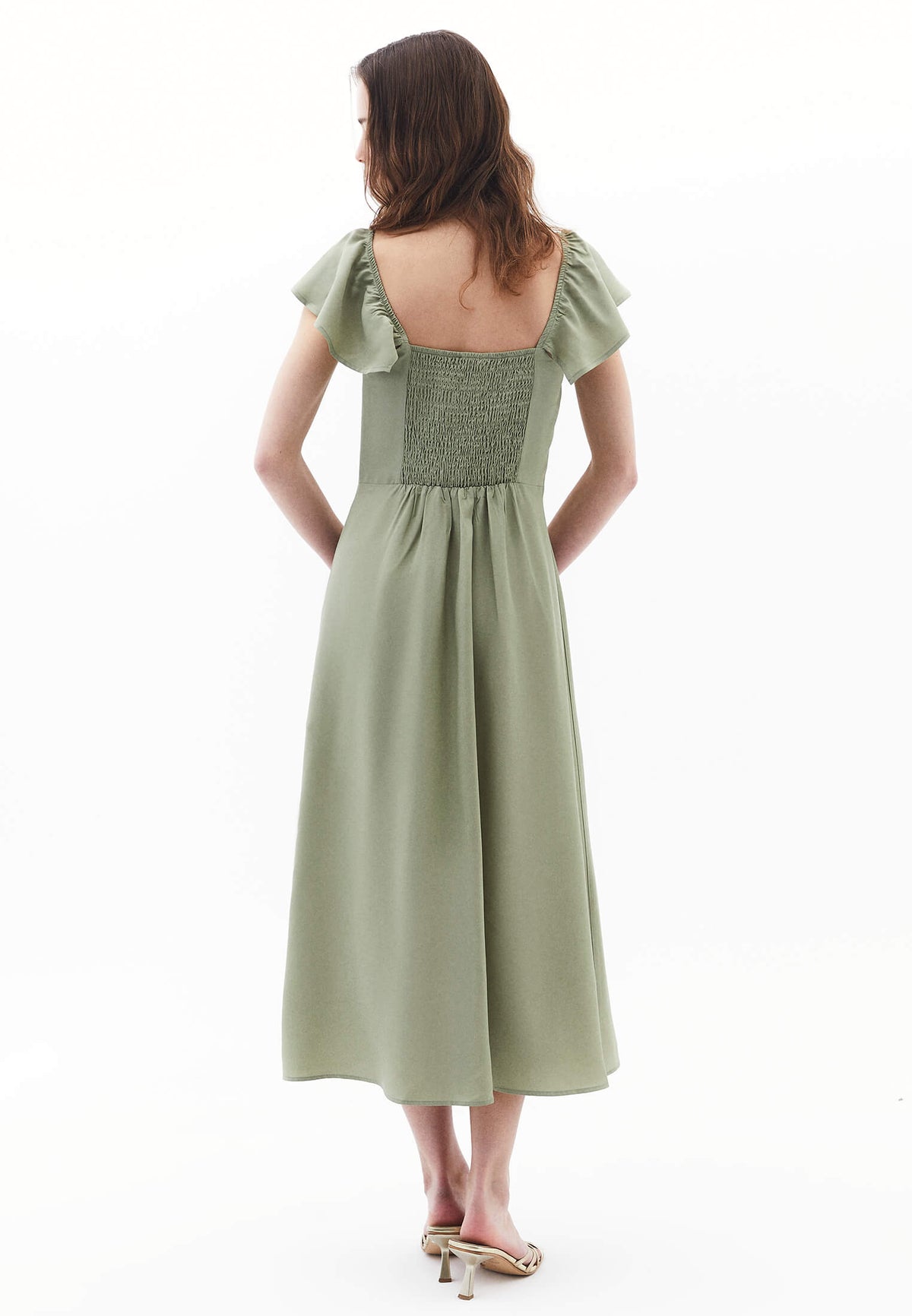 Slit Detailed Sweetheart Neckline Midi Dress - TEA