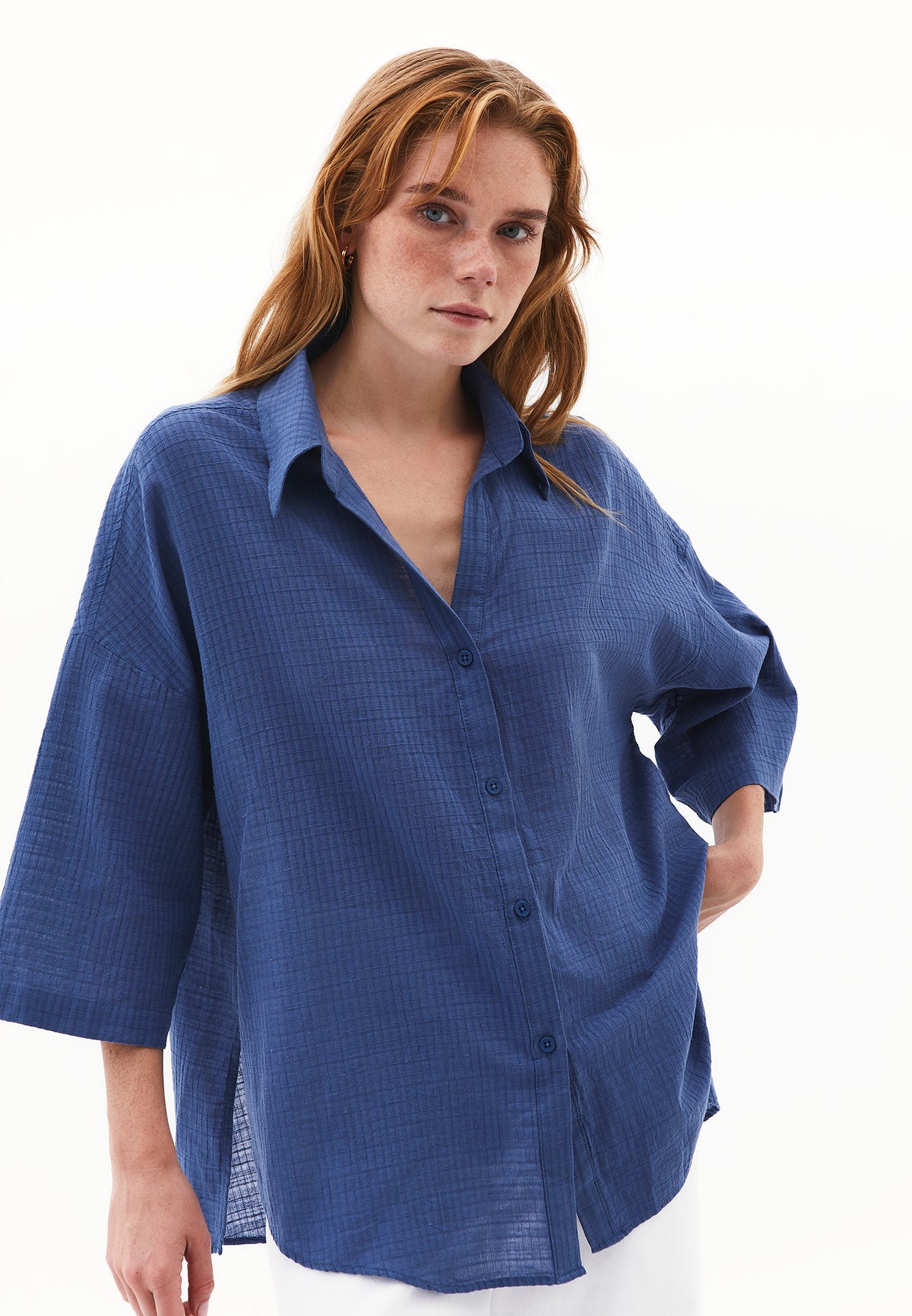 Oversized Shirt With Button Details - Blue