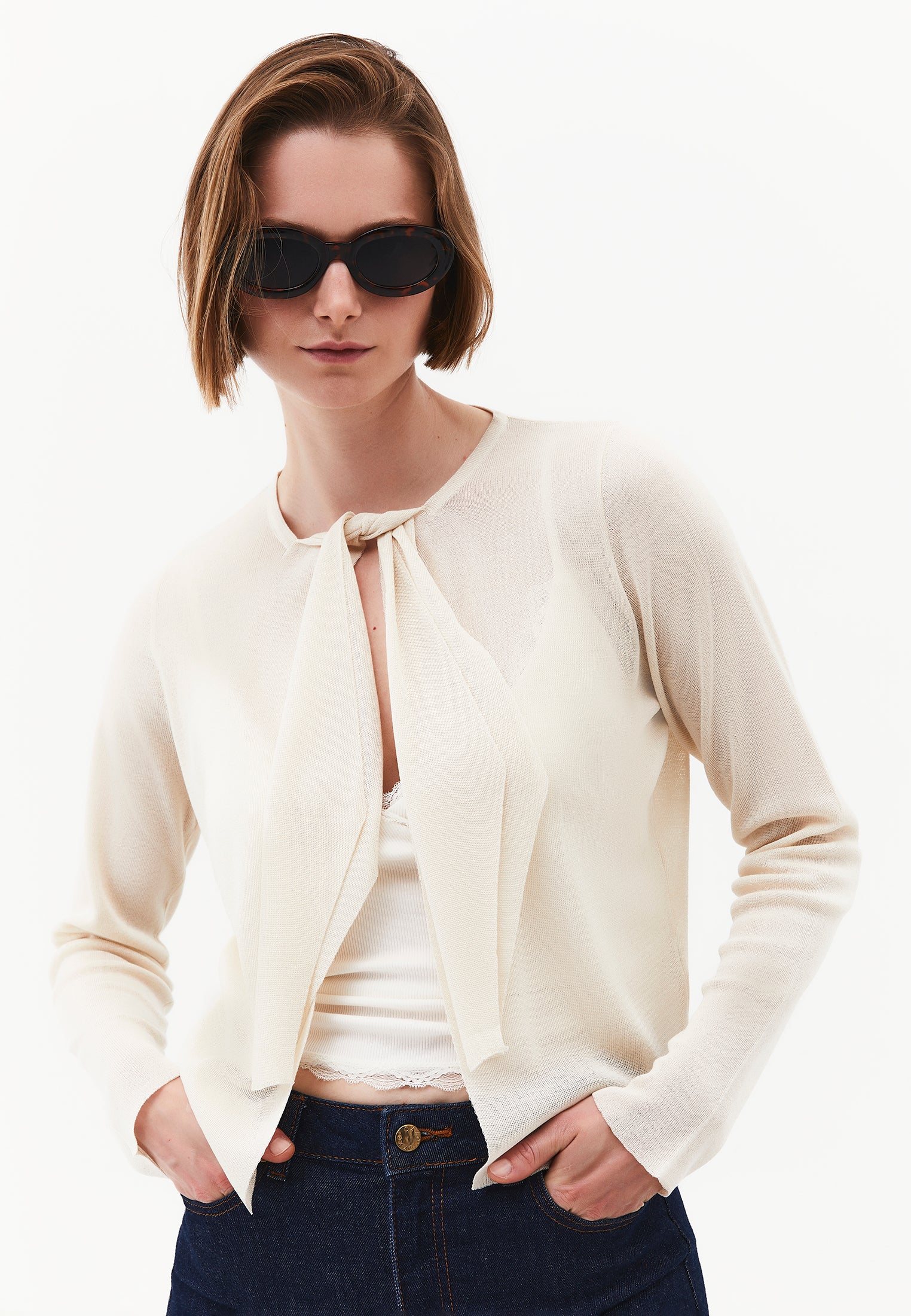 Tie Neckline Cardigan With Crew Neck - TURTLEDOVE