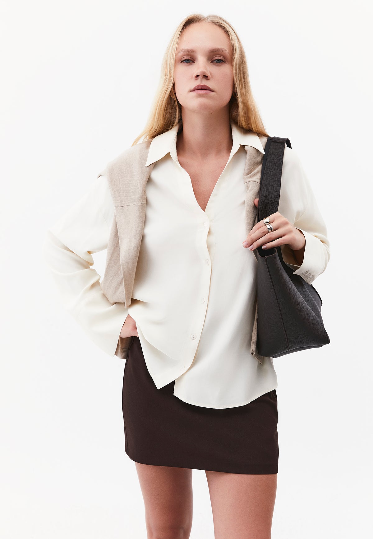 Long Sleeve Shirt with Button Detail and Shirt Collar - Cream
