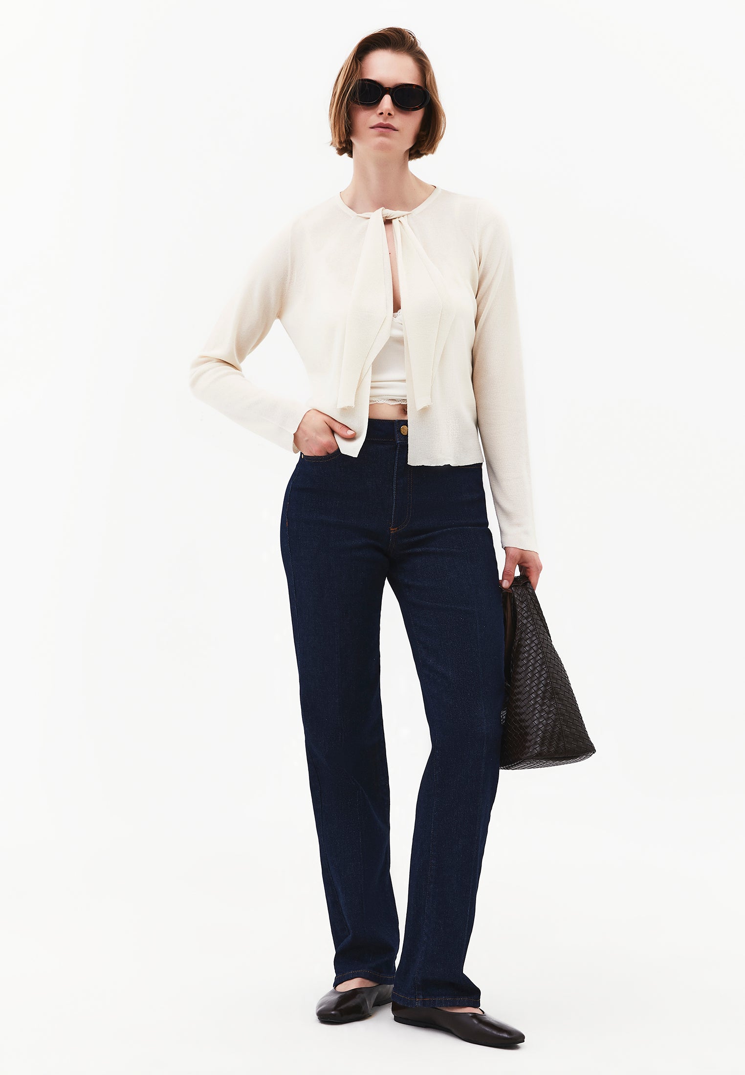 Tie Neckline Cardigan With Crew Neck - TURTLEDOVE