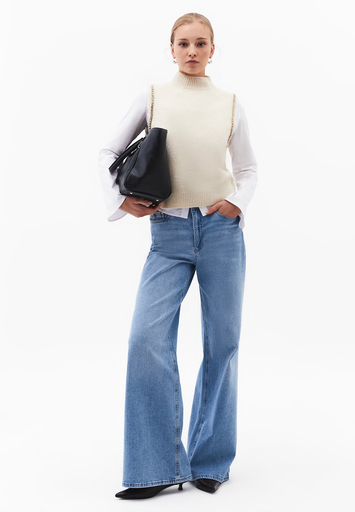 Vest With High Collar And Stone Detail - Cream