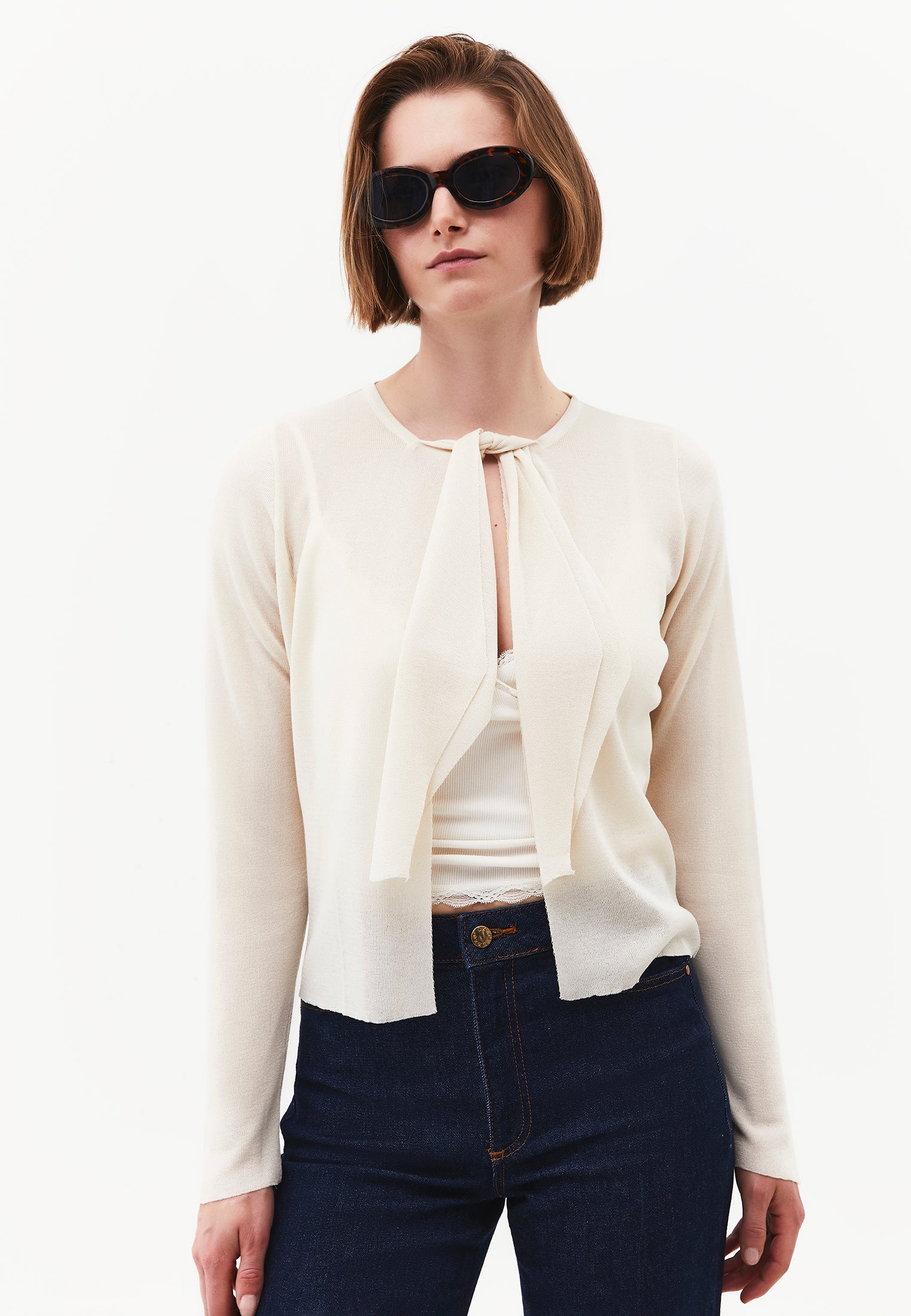 Tie Neckline Cardigan With Crew Neck - TURTLEDOVE