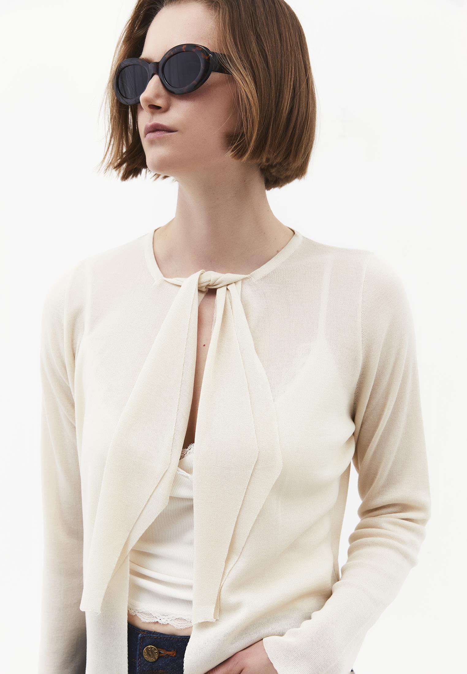 Tie Neckline Cardigan With Crew Neck - TURTLEDOVE
