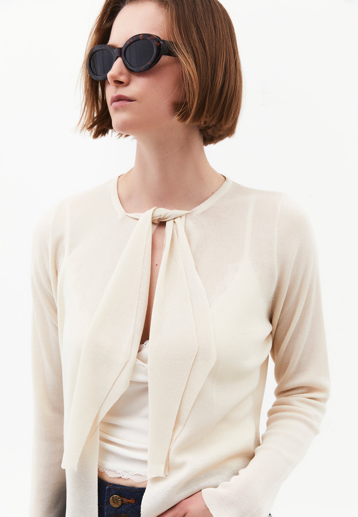 Tie Neckline Cardigan With Crew Neck - TURTLEDOVE