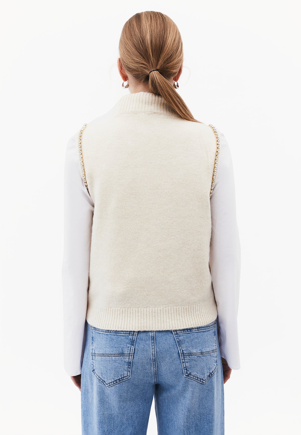 Vest With High Collar And Stone Detail - Cream