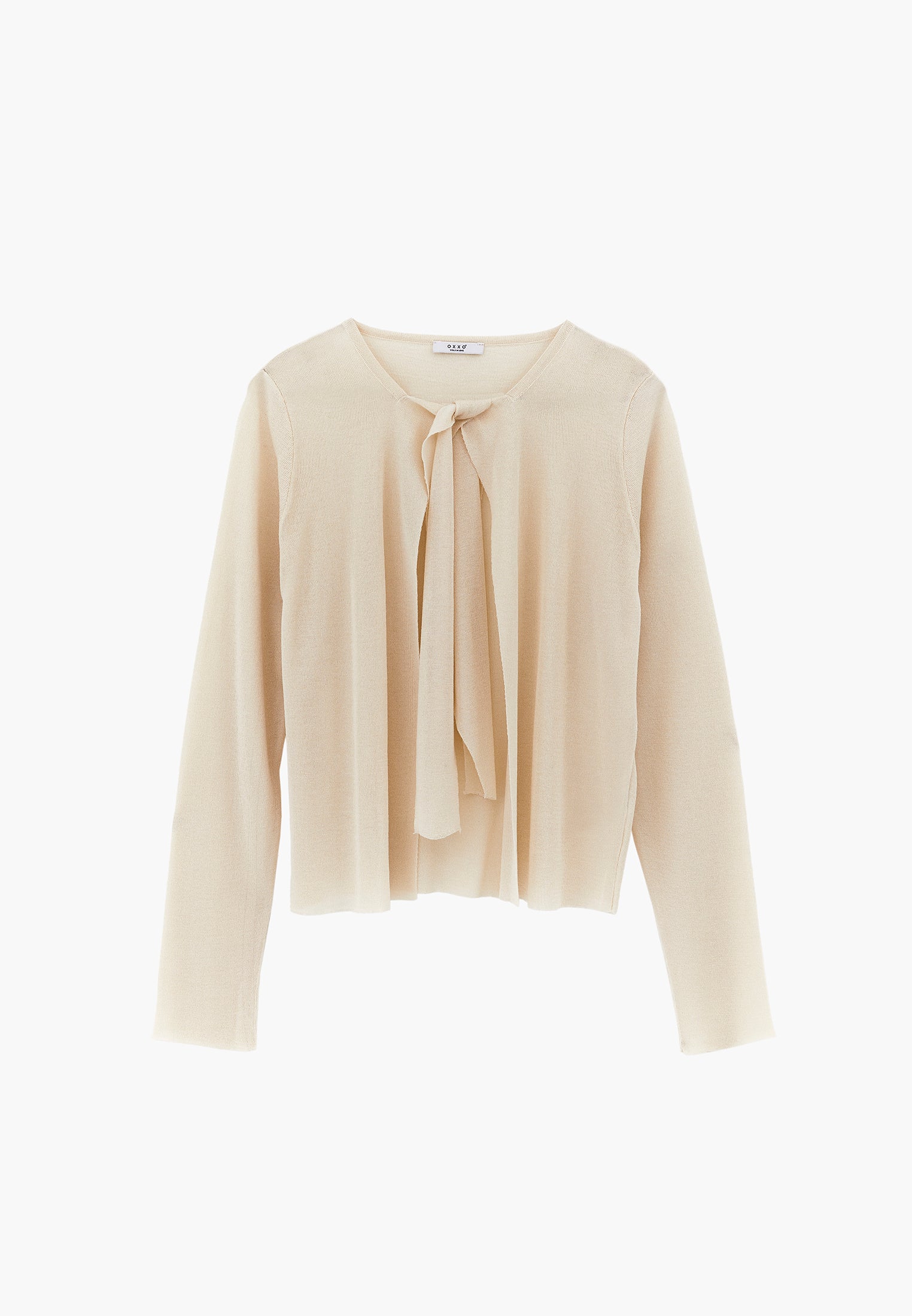 Tie Neckline Cardigan With Crew Neck - TURTLEDOVE