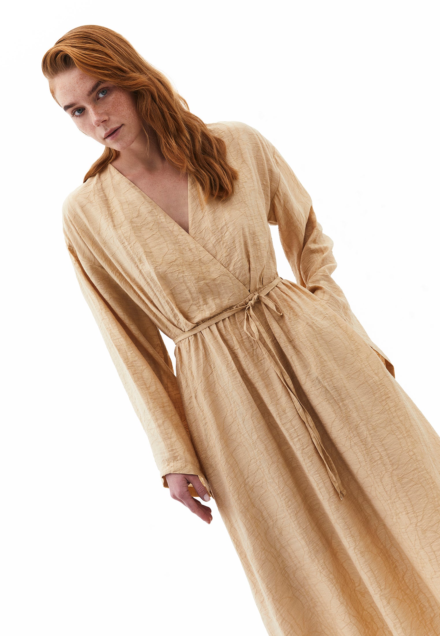 Dress With Tie And Long Sleeves - WARM SAND