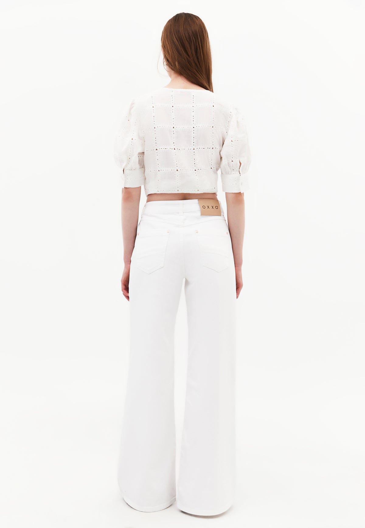 High Waist Wide Leg Embroidered Denim Pants - WHITE DENIM