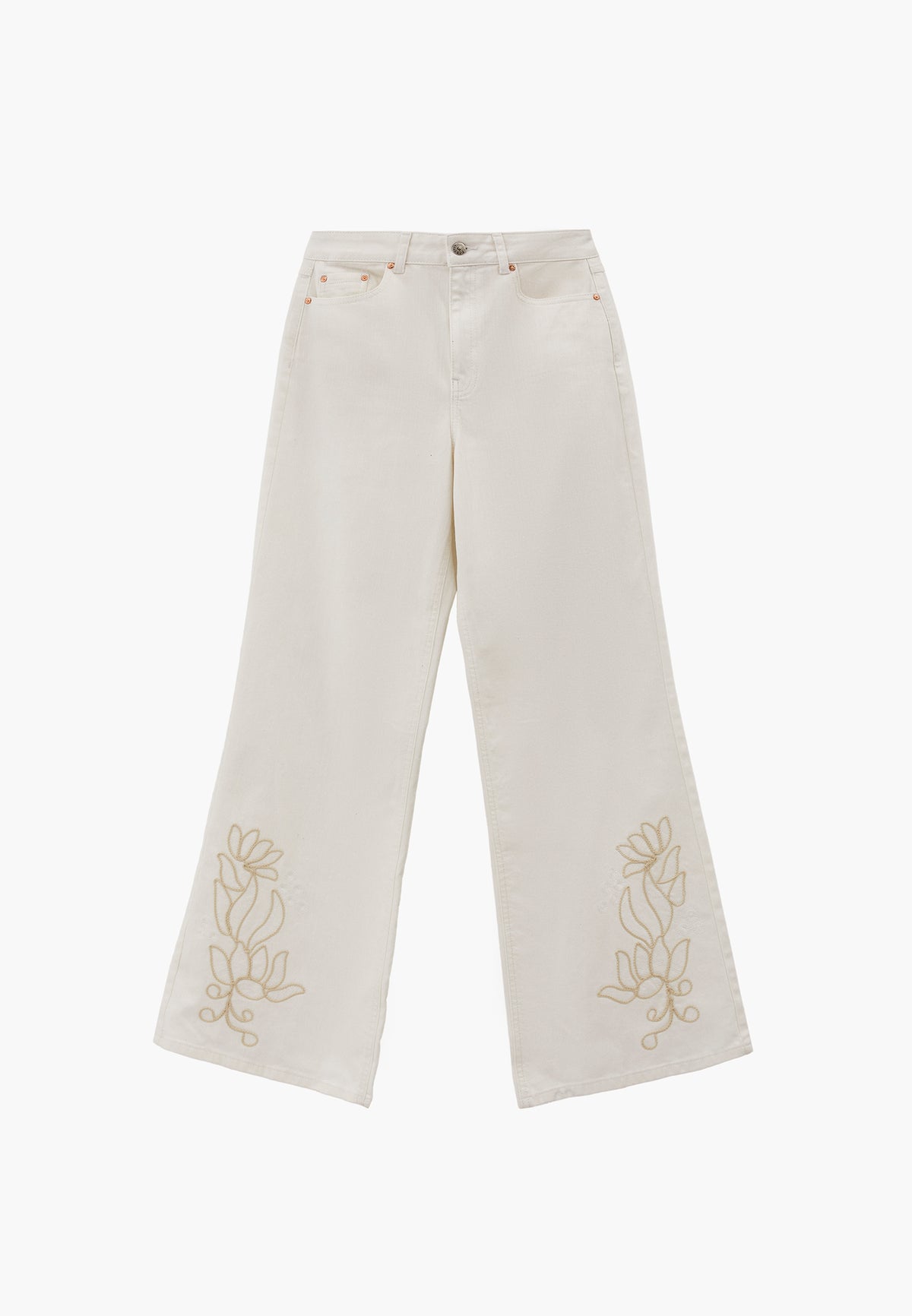 High Waist Wide Leg Embroidered Denim Pants - WHITE DENIM