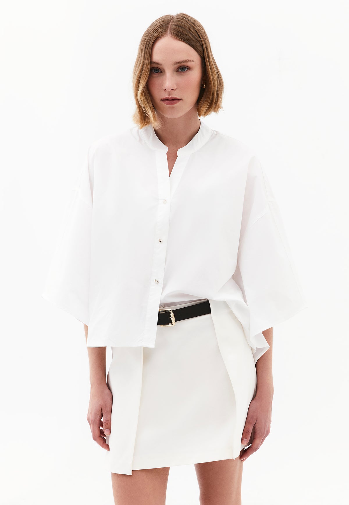 Oversized Short-Sleeve Band Collar Shirt - WHITE