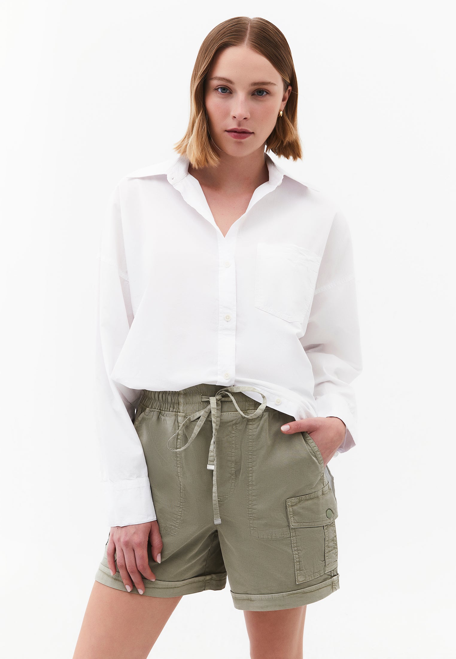 Oversized Long-Sleeve Shirt with Pocket Detail - WHITE