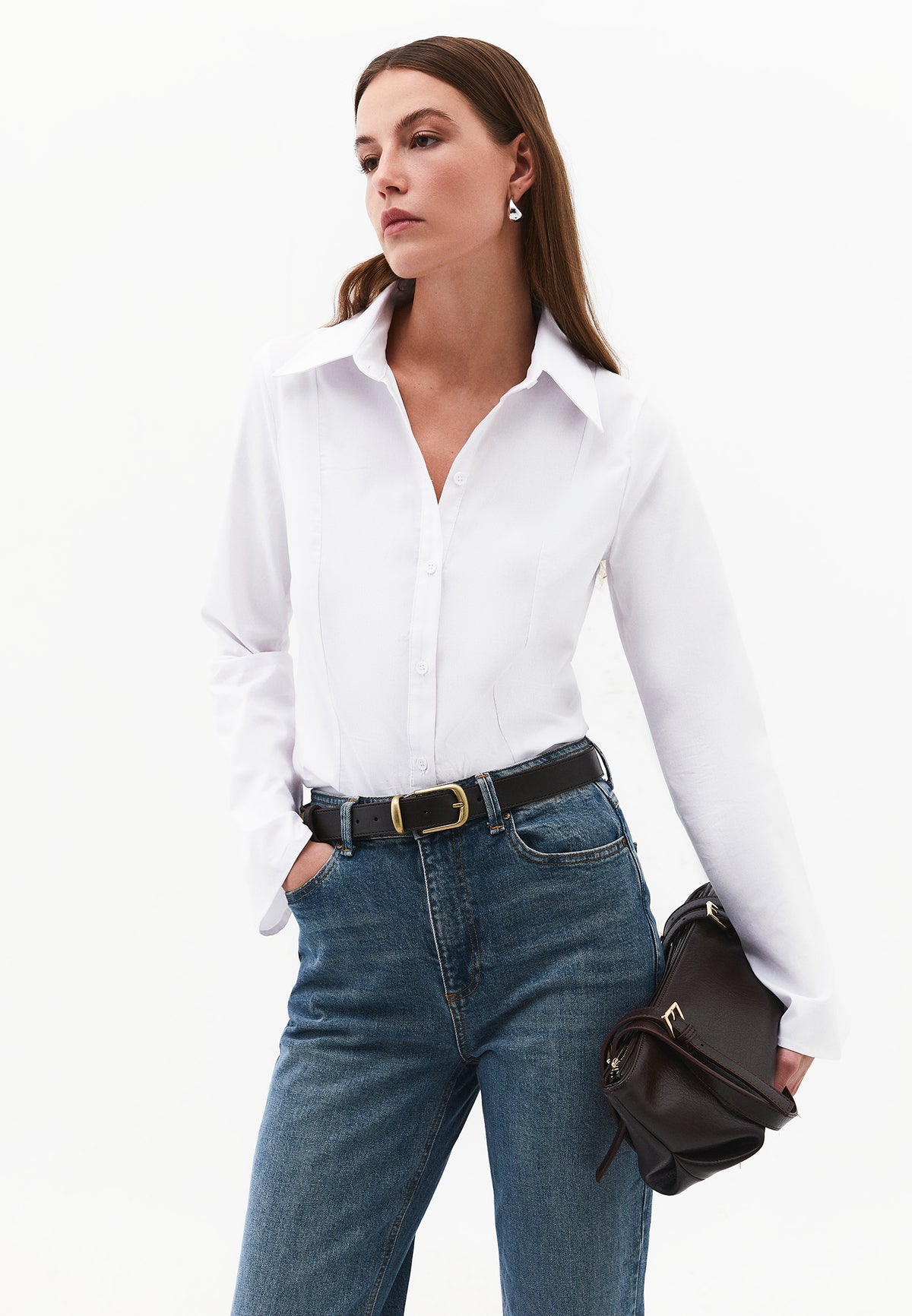 Shirt Collar Long Sleeve Buttoned Shirt - WHITE