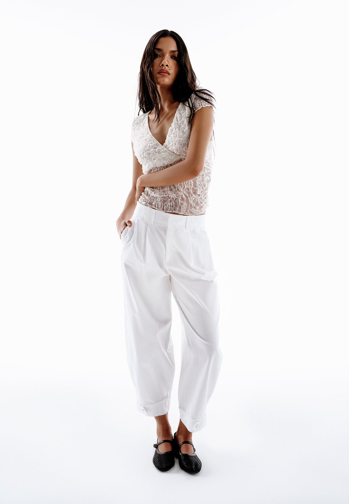 Pleated High Waist Barrel Leg Pants - WHITE