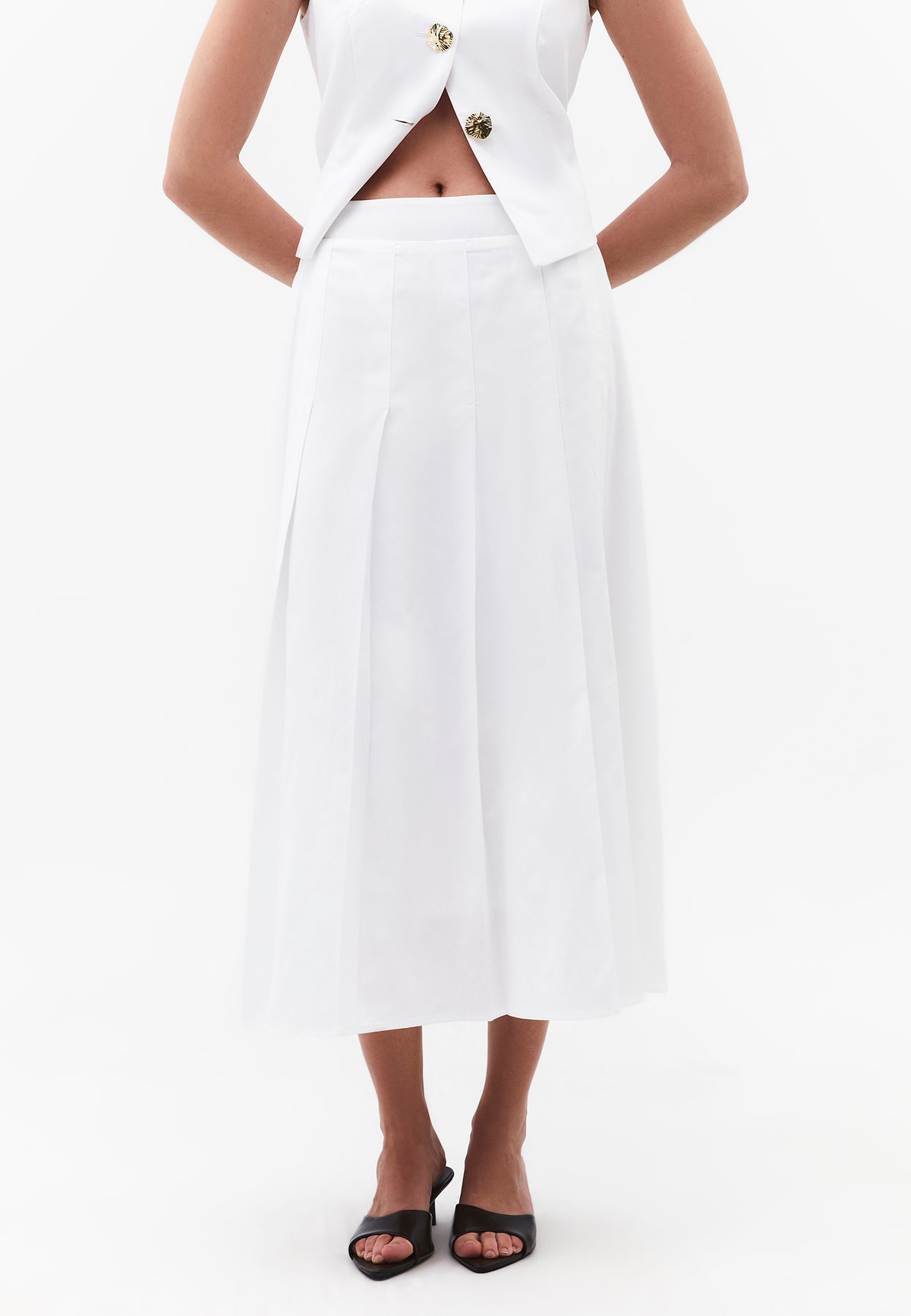 Pleated Flared Midi Skirt - White