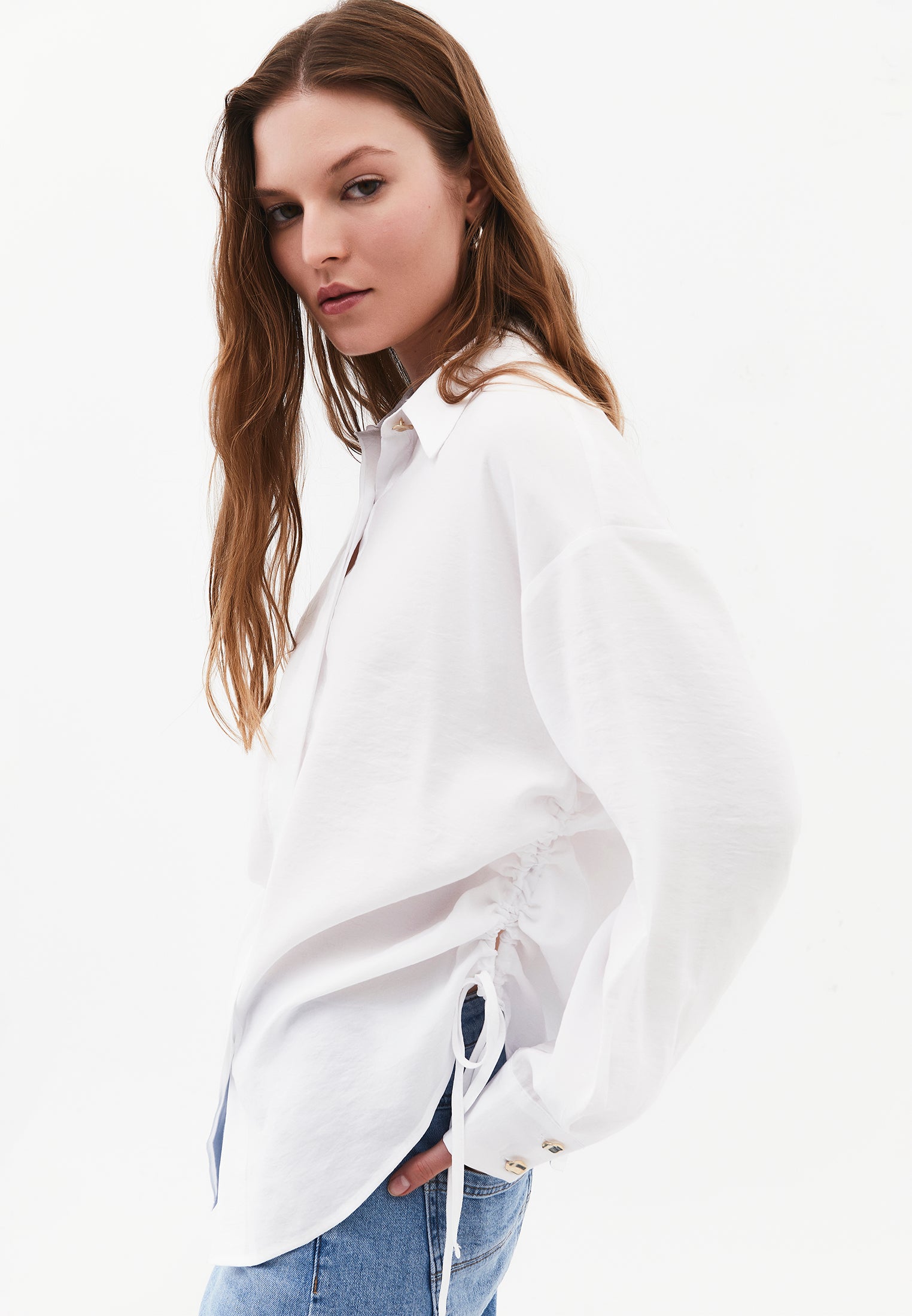 Oversize Long Sleeve Shirt with Ruching and Buttons - WHITE