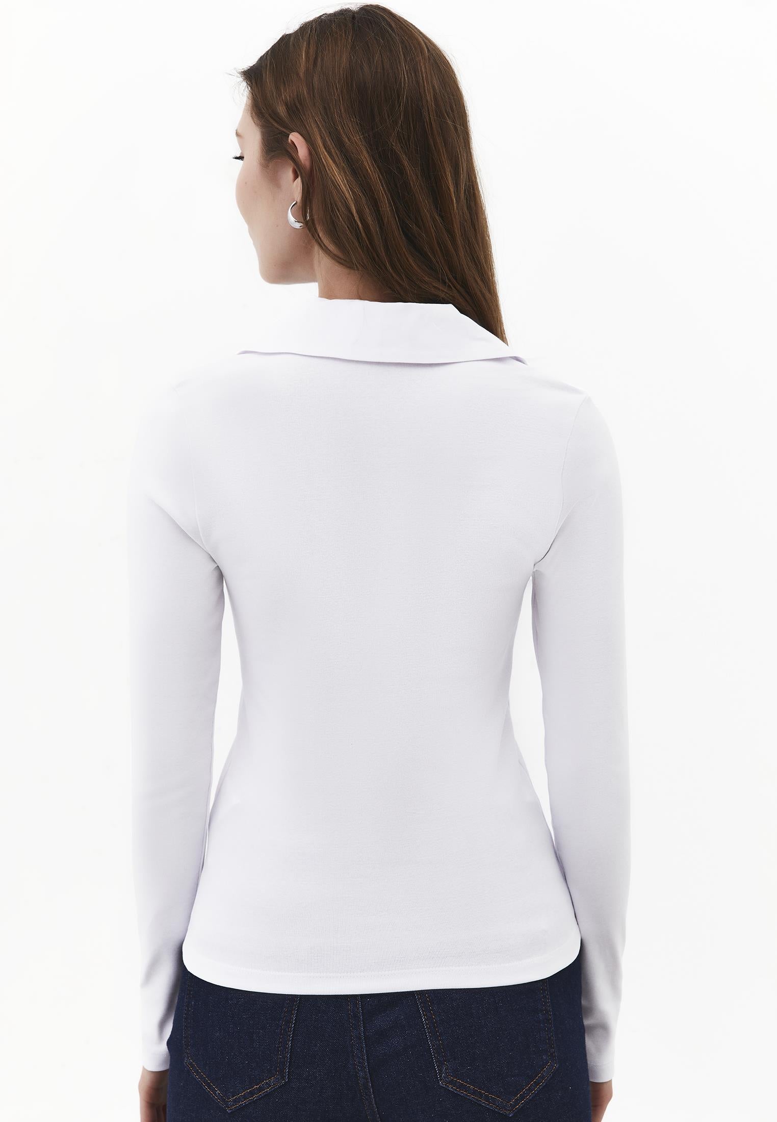 Polo Neck Long Sleeve Bodycon T-Shirt - WHITE