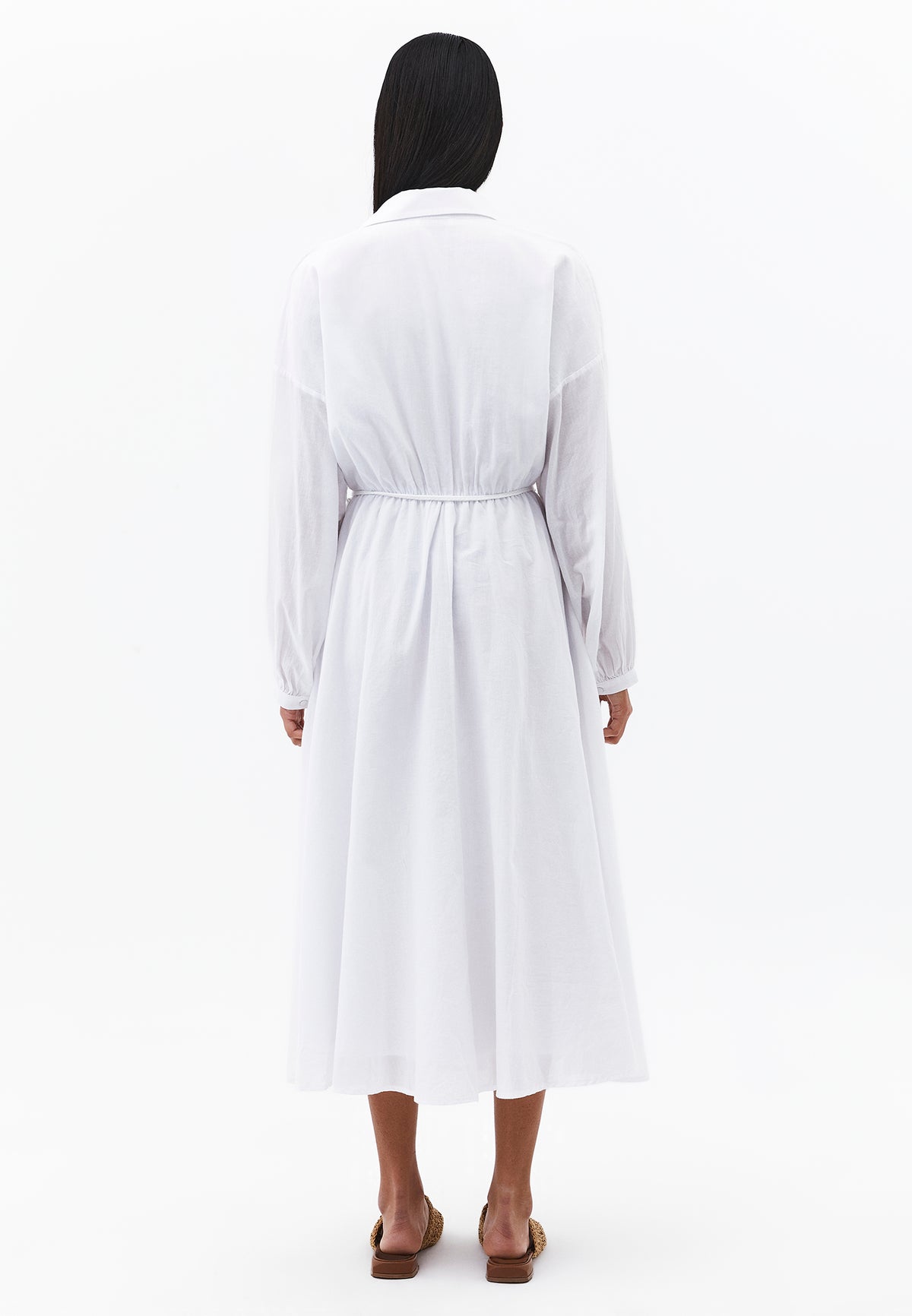 A-Line Long Shirt Collar Dress With Belt Detail - White