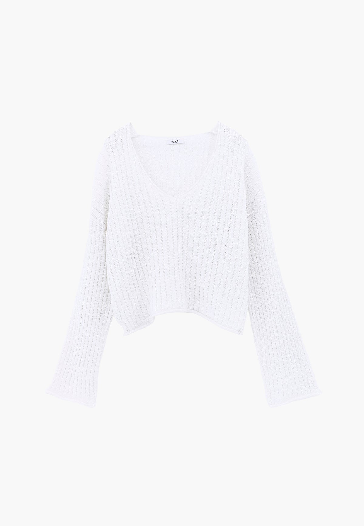 Ribbed V-Neck Long Sleeve Sweater - White