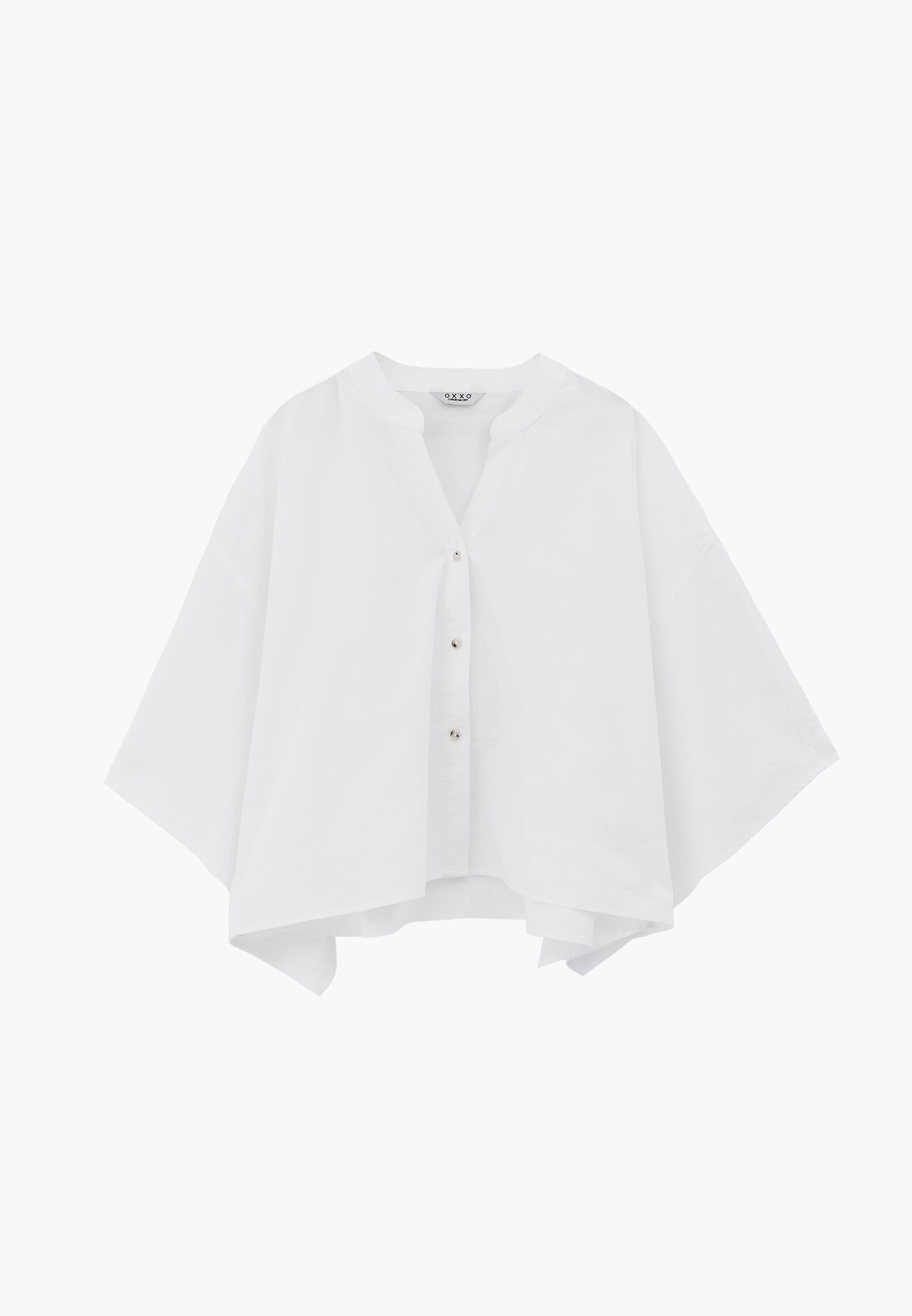 Oversized Short-Sleeve Band Collar Shirt - WHITE
