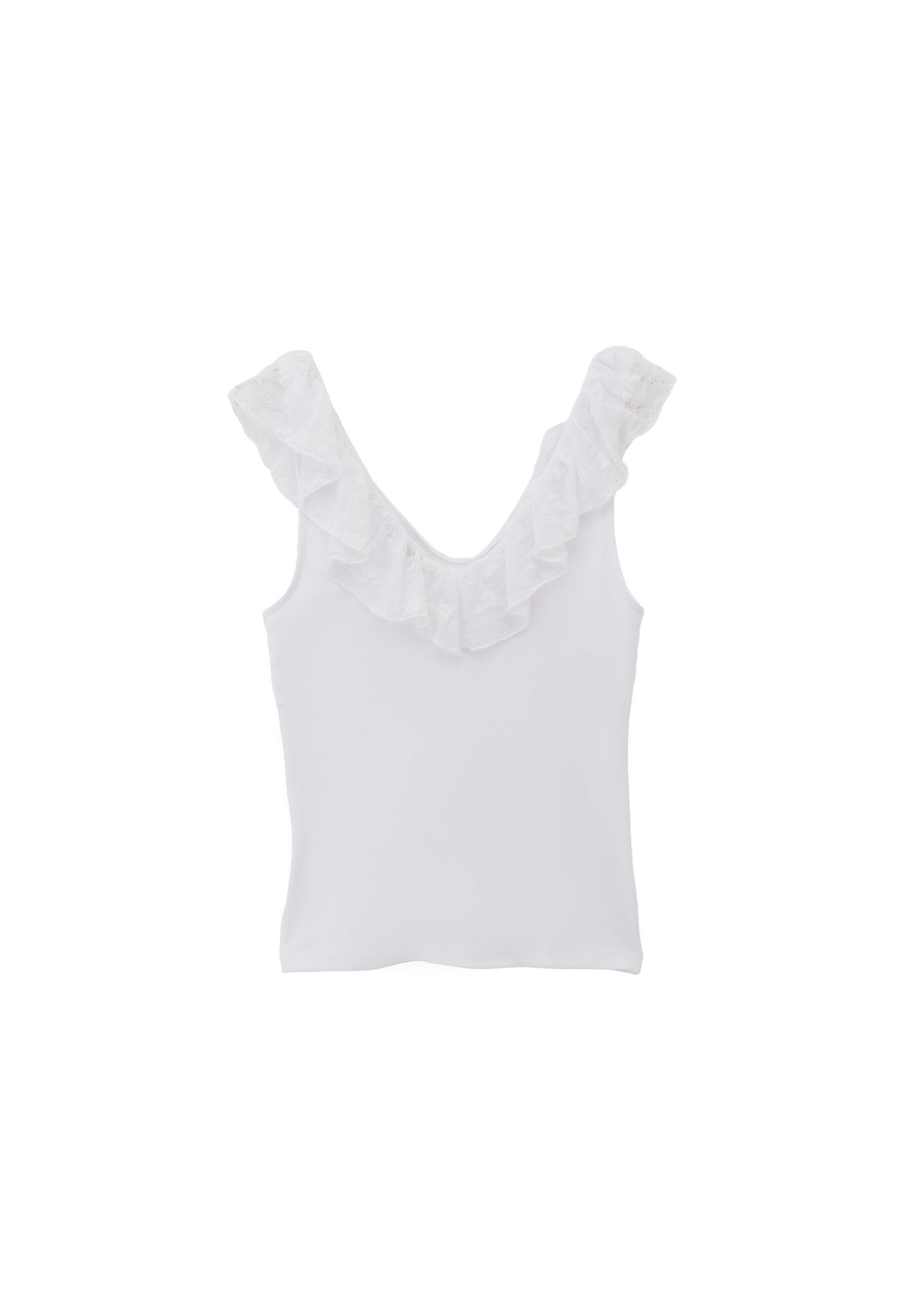 V Neck Frilled Tank Top - WHITE