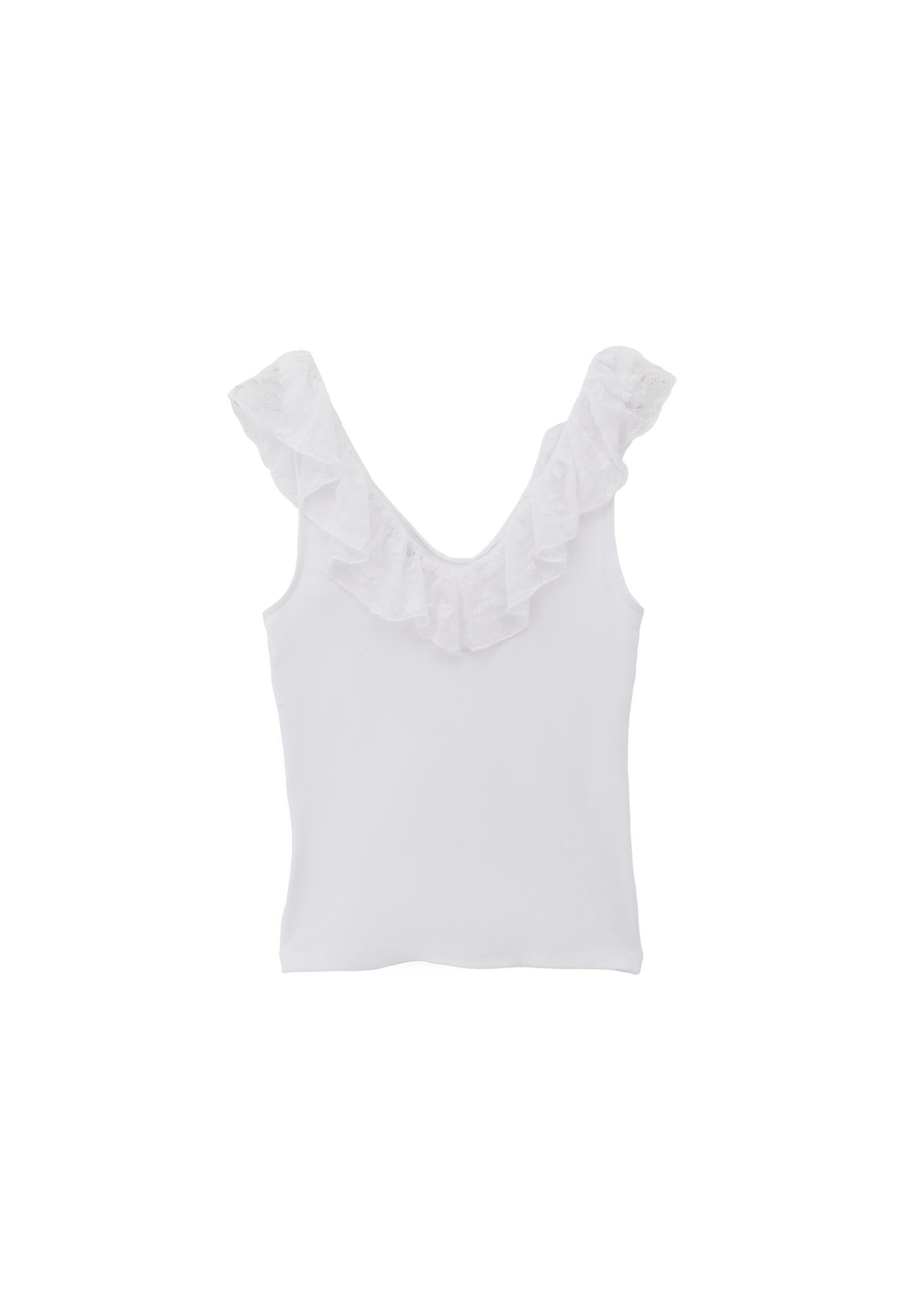 V Neck Frilled Tank Top - WHITE